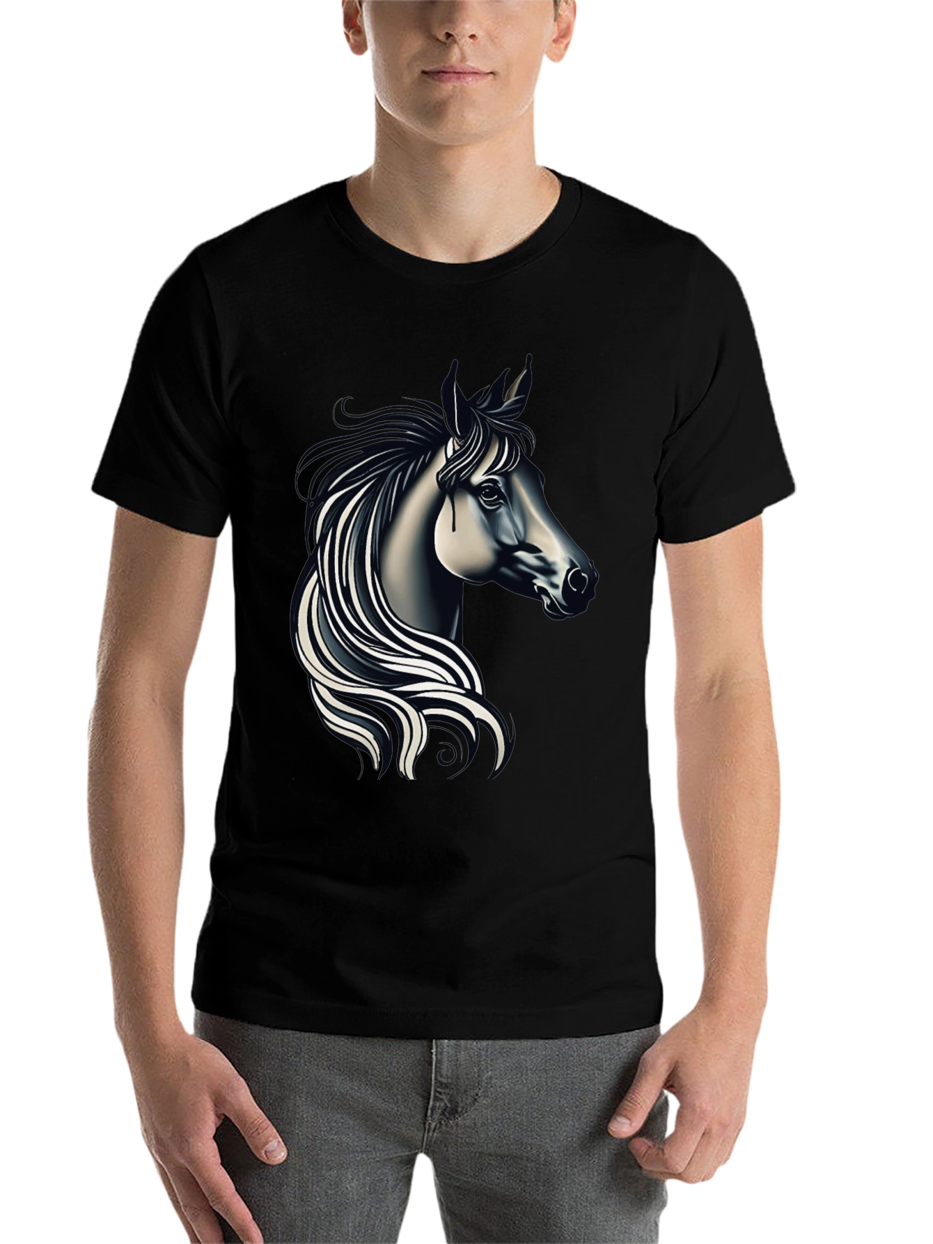 Black Black T-shirt with Elegant Horse Design view 7