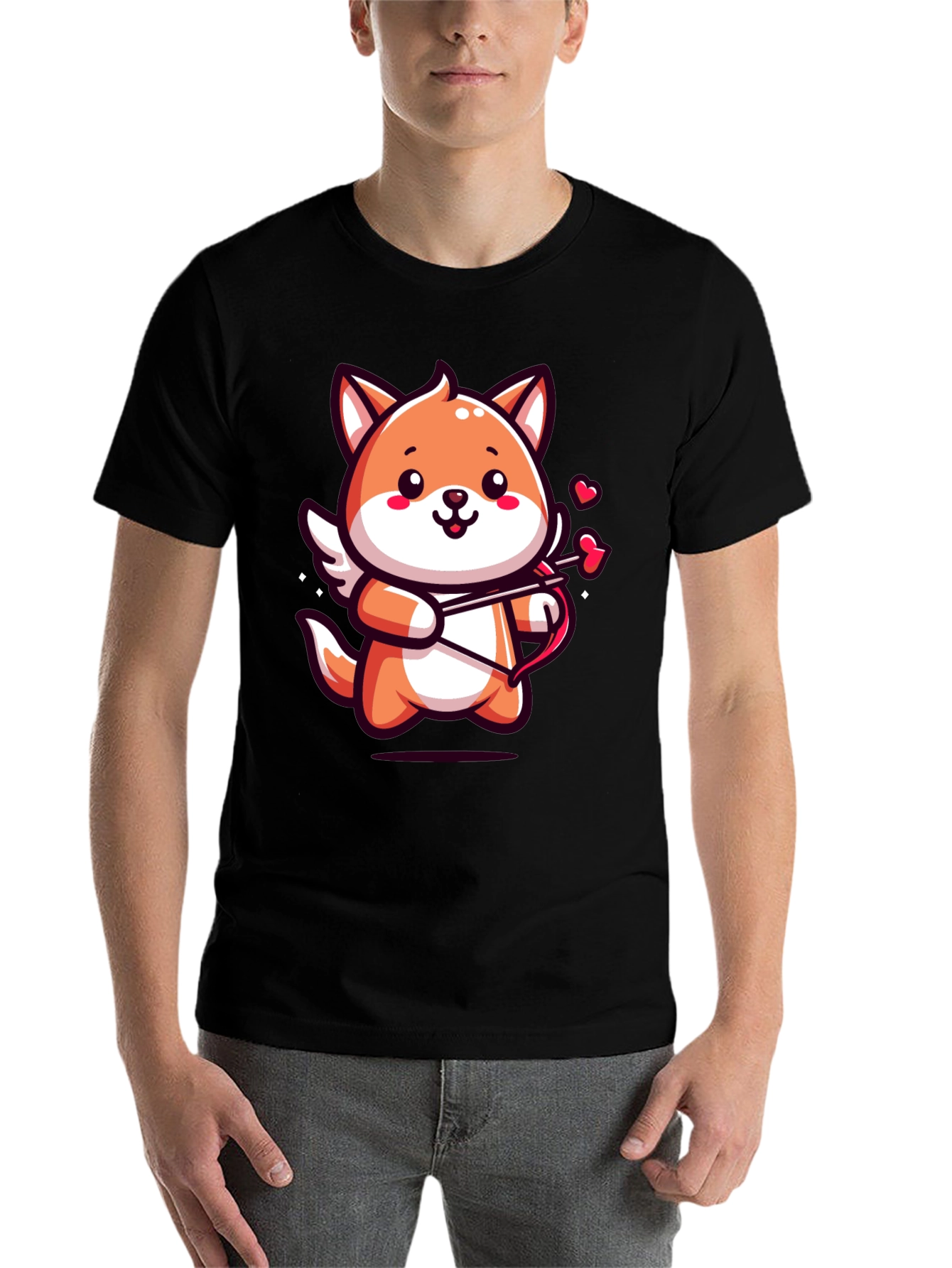 Black Cute Cupid Fox Graphic Tee - Valentine's Day Shirt view 7