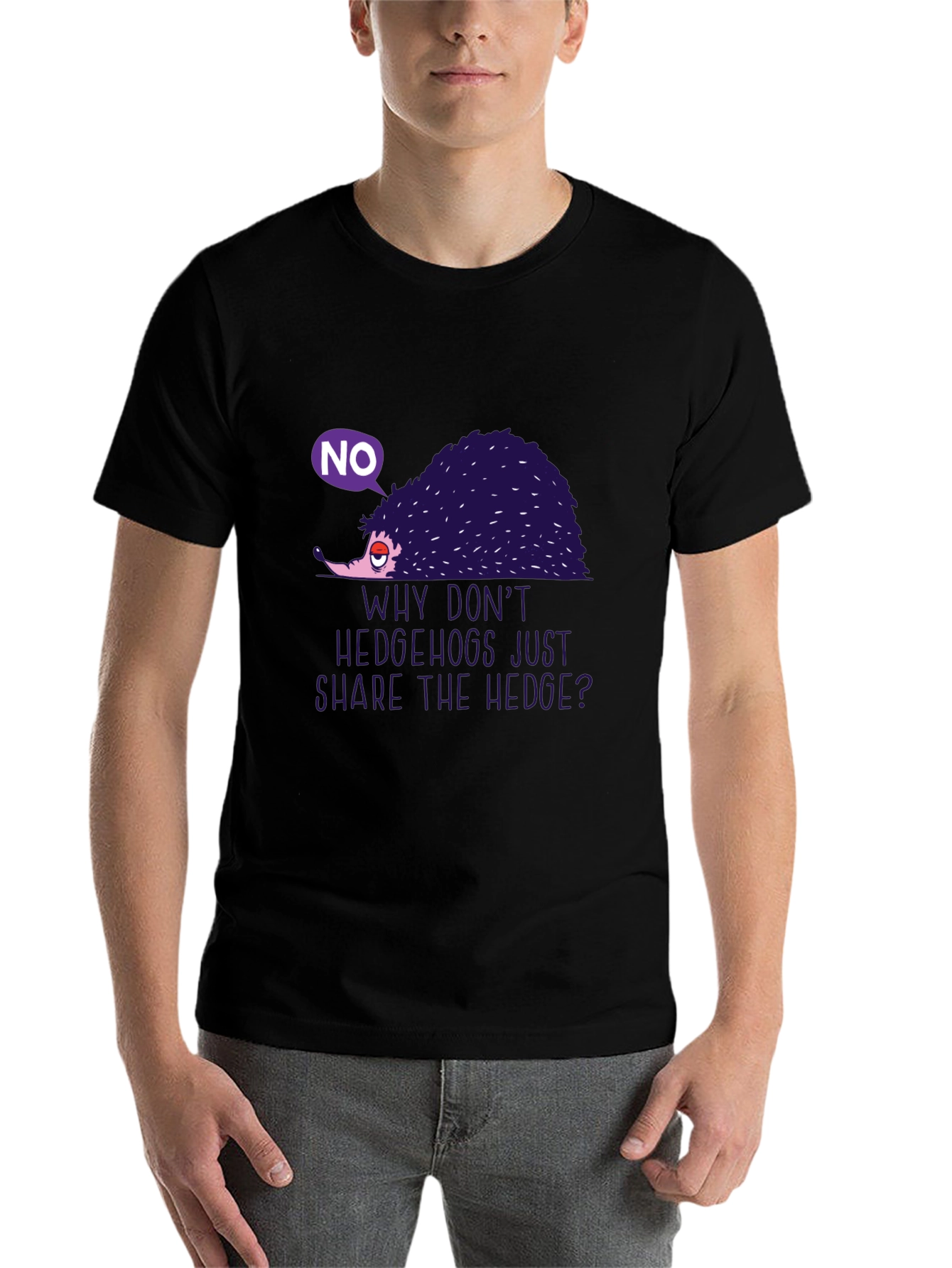 Black Humorous Hedgehog Graphic Tee - "Why Don't Hedgehogs Just Share The Hedge?" view 7