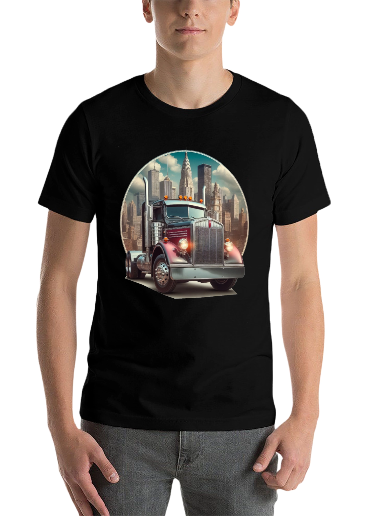 Black Trucker Tee: Vintage Big Rig & Cityscape view 7