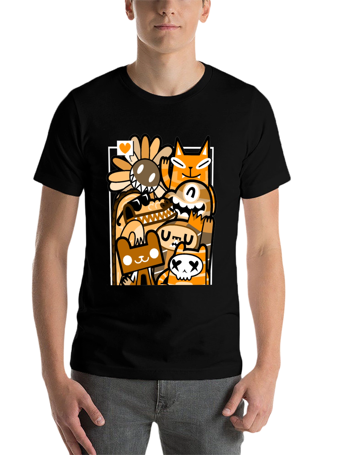 Black Cartoon Doodle Character Graphic Black T-Shirt view 7