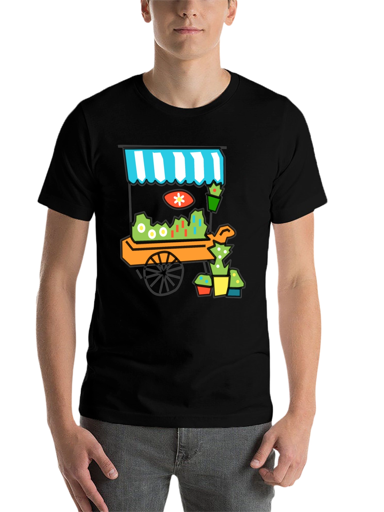 Black Whimsical Market Cart T-Shirt - Black Cotton Tee view 7