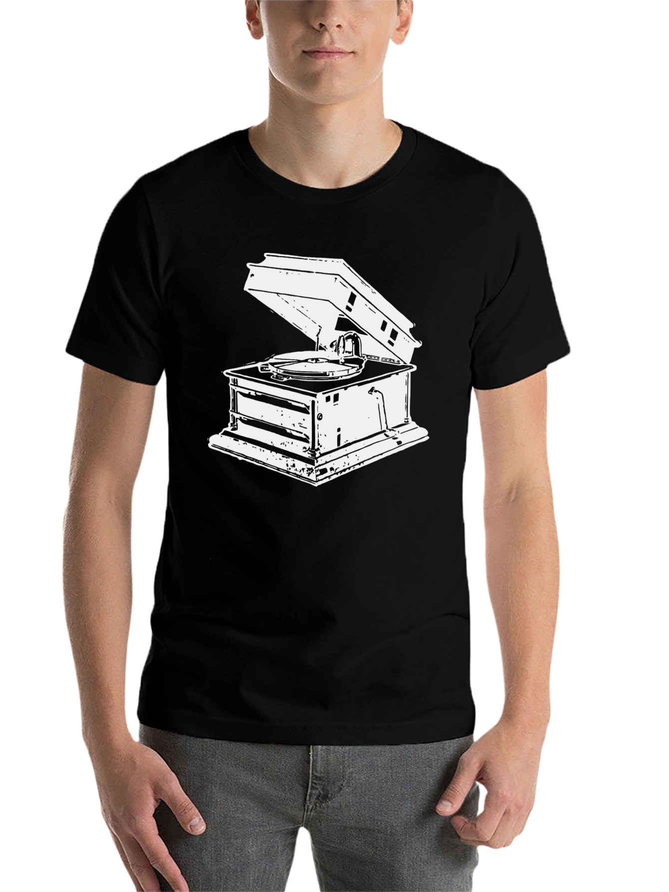 Black Vintage Gramophone Graphic Tee - Black Cotton T-Shirt view 7