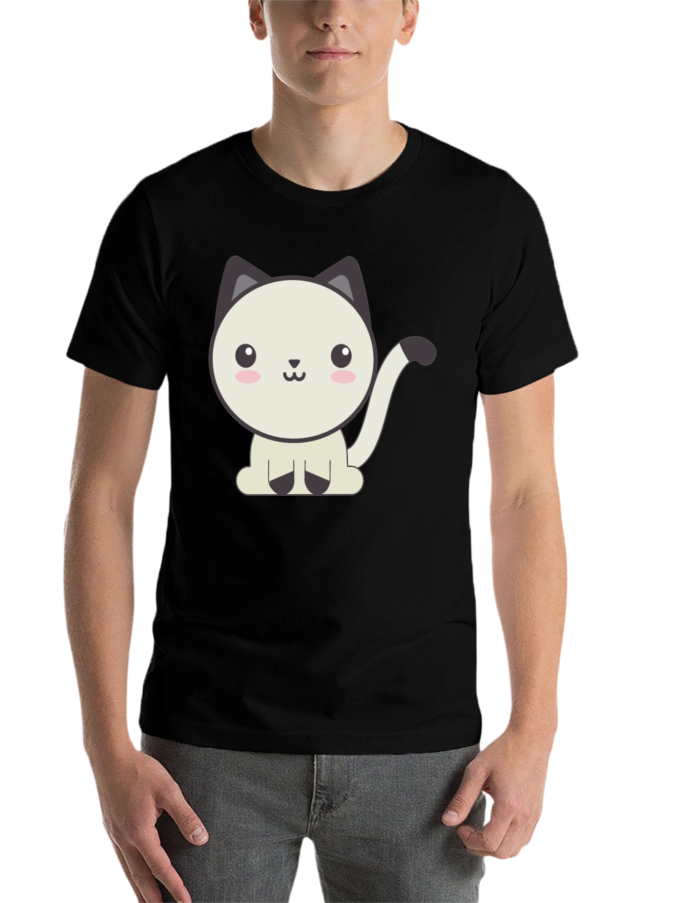 Black Cute Cartoon Cat Graphic Black T-Shirt view 7