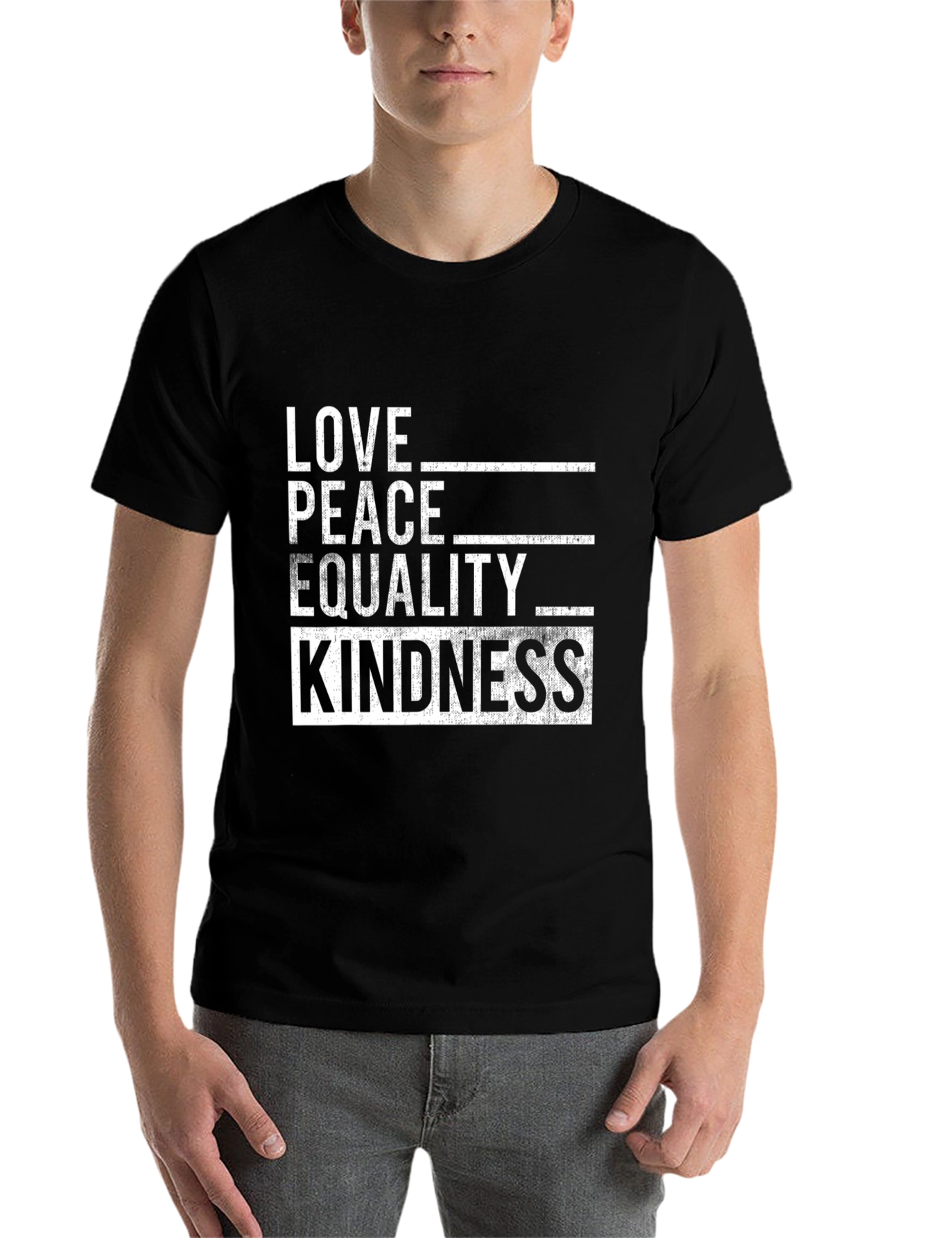 Black Love, Peace, Equality, Kindness Black Graphic T-Shirt view 7