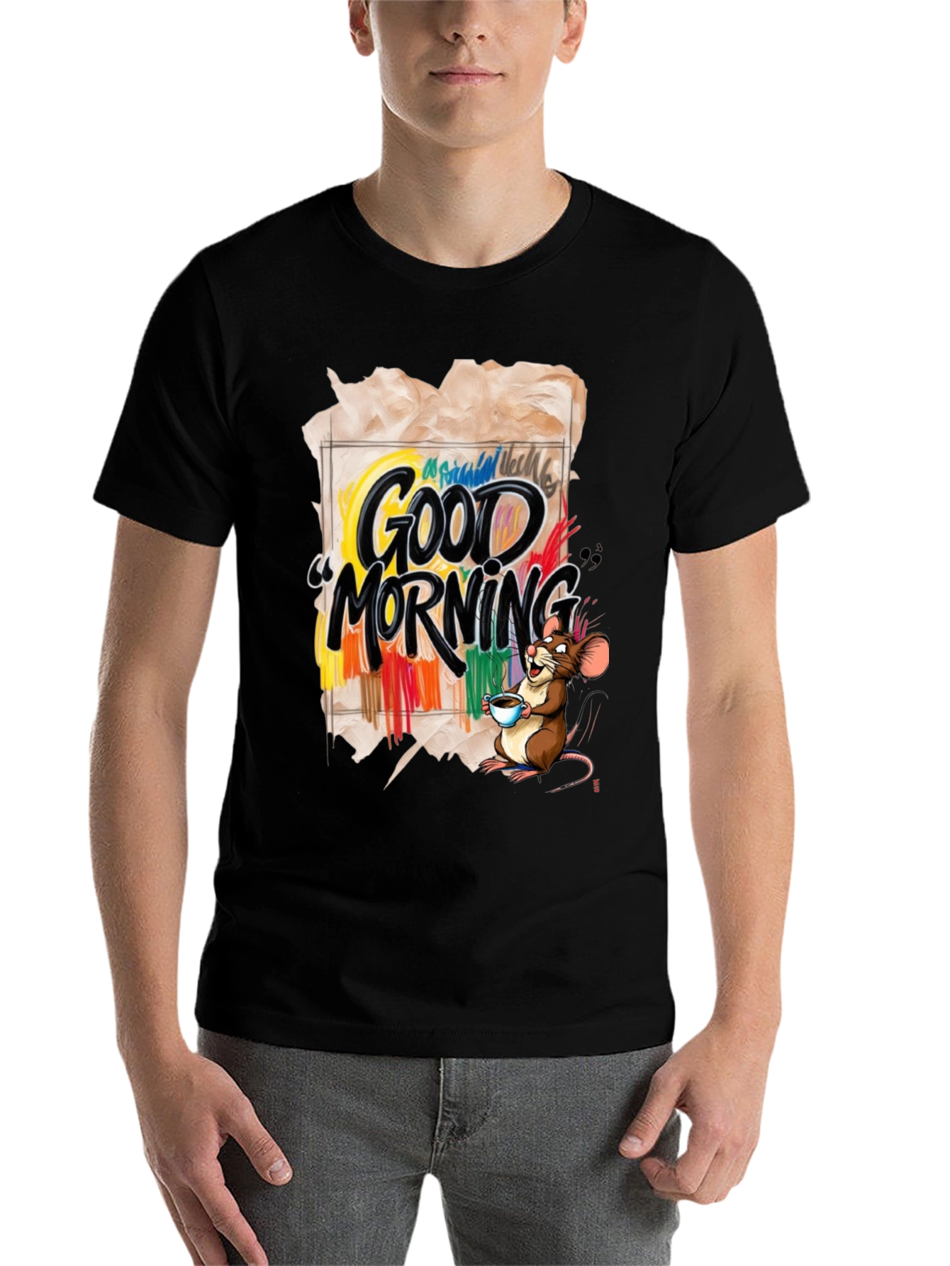 Black Good Morning Mouse Graphic T-Shirt view 7