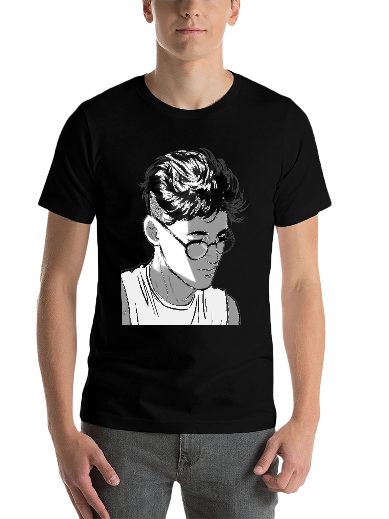 Black Men's Black Graphic Tee - Retro Anime Design view 7