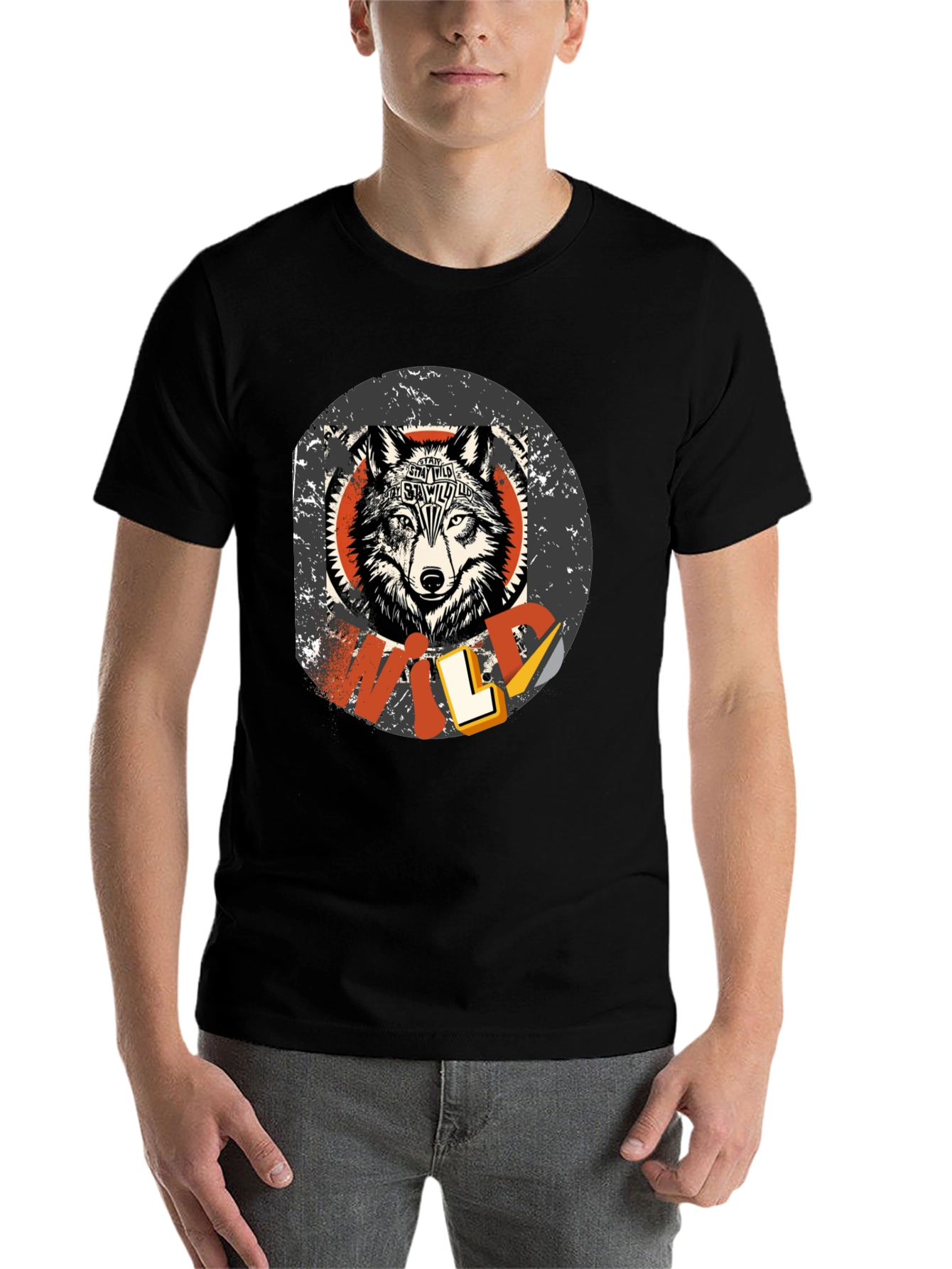Black Stay Wild Wolf Graphic Print T-Shirt view 7