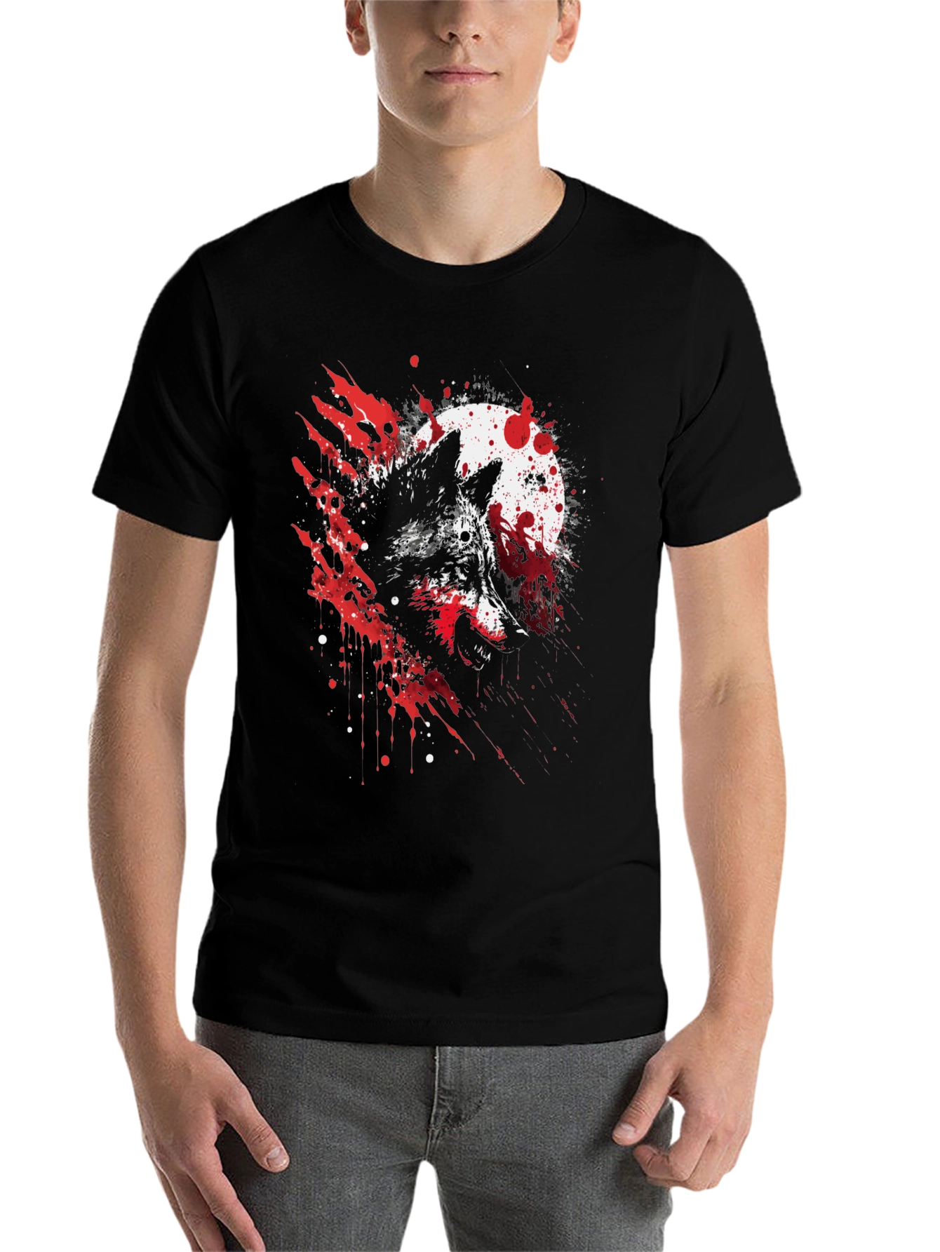 Black Wolf Moon Splatter Graphic Black T-Shirt view 7