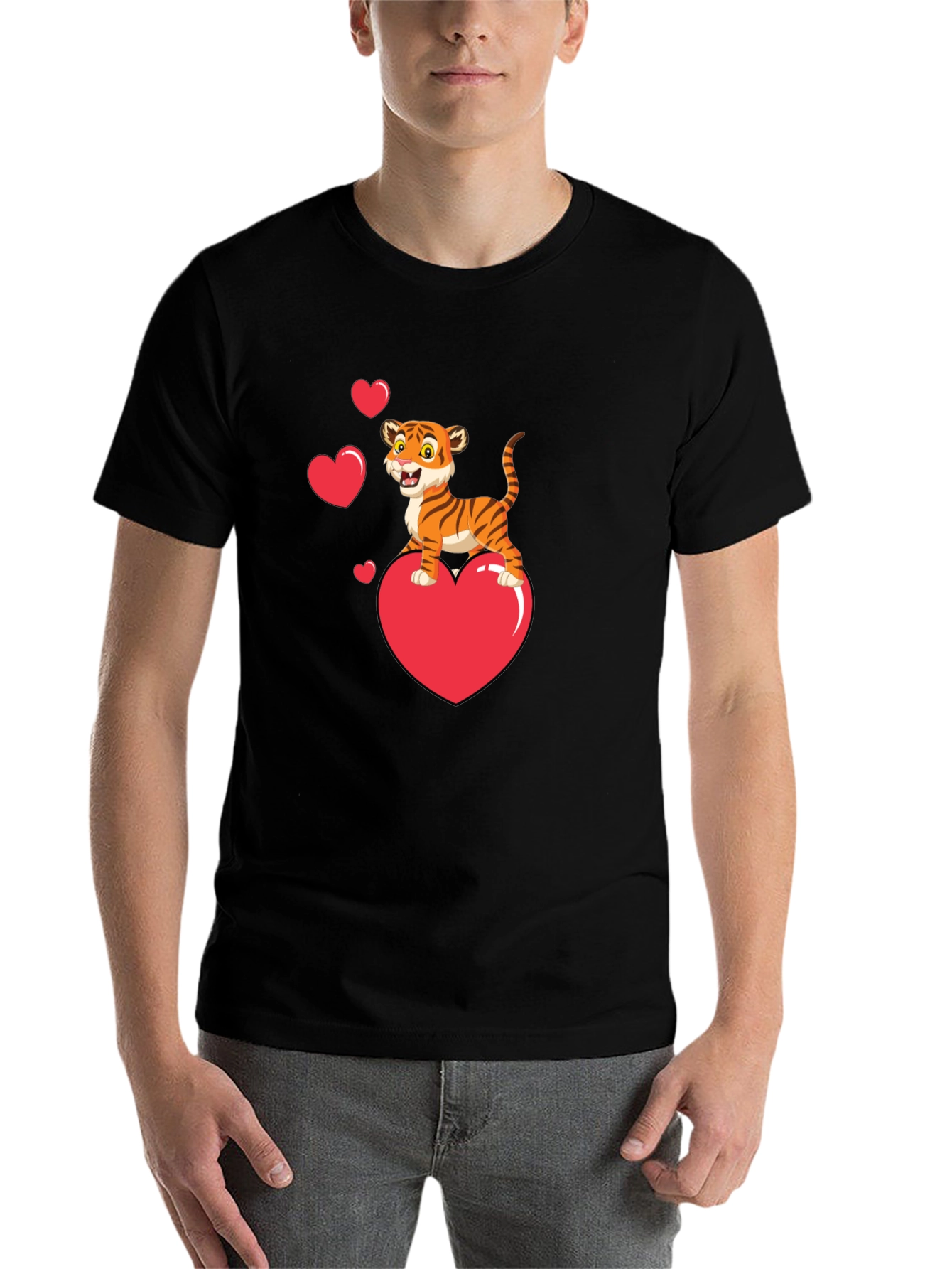 Black Cute Tiger on Heart Valentine's Black T-Shirt view 7