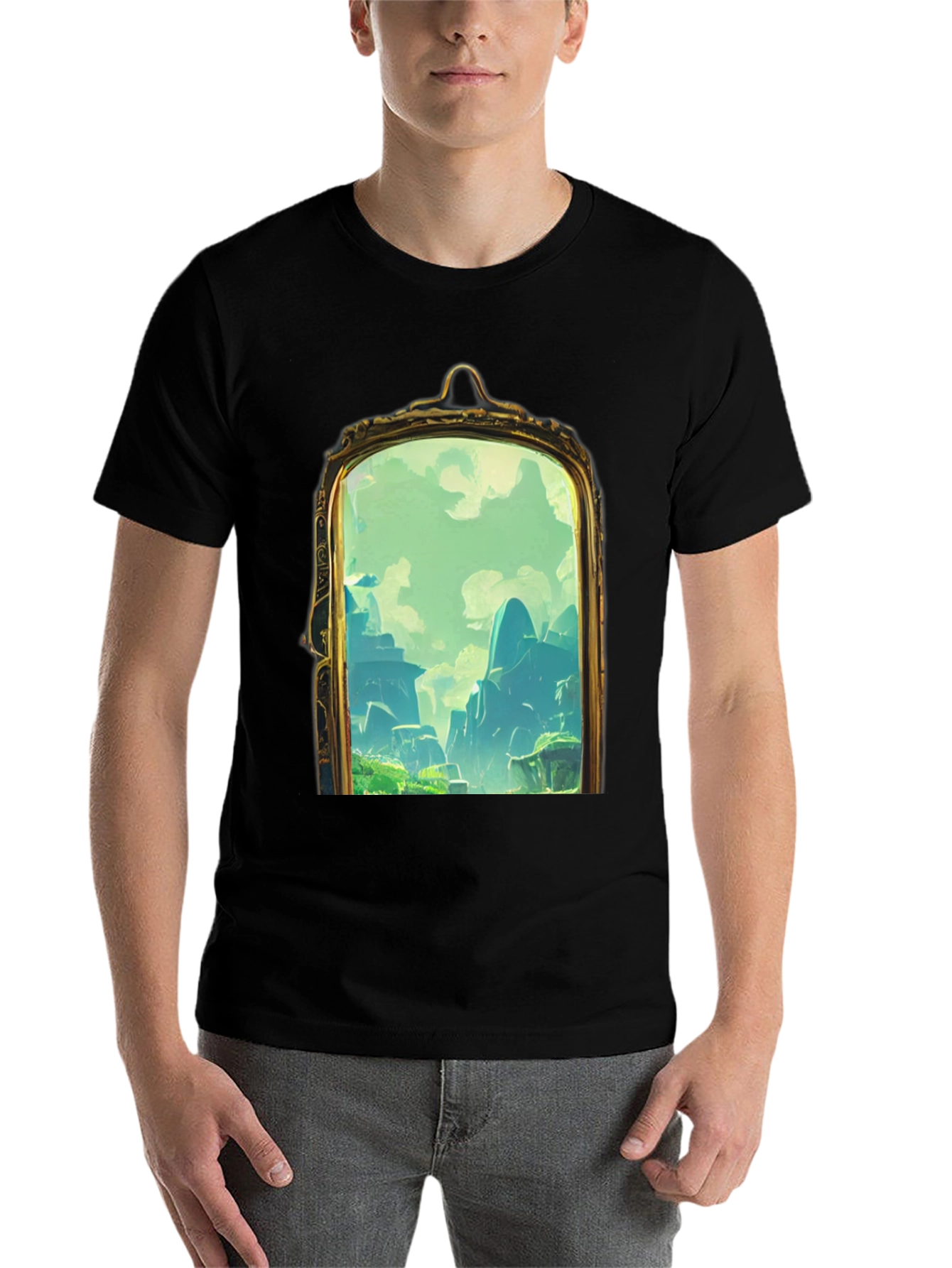 Black Black T-Shirt with Framed Landscape Design view 7