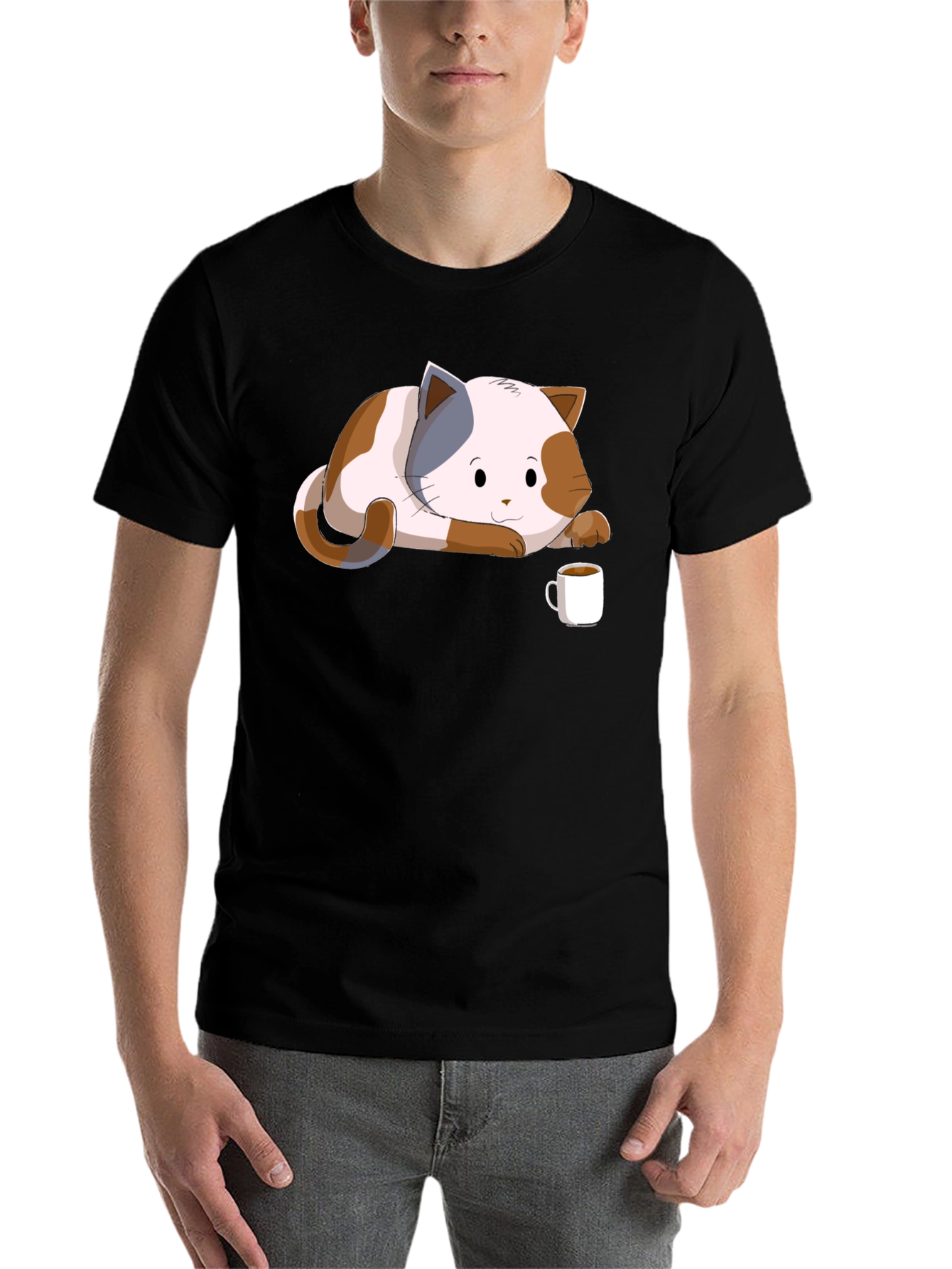 Black Cute Cat & Coffee Black T-Shirt view 7