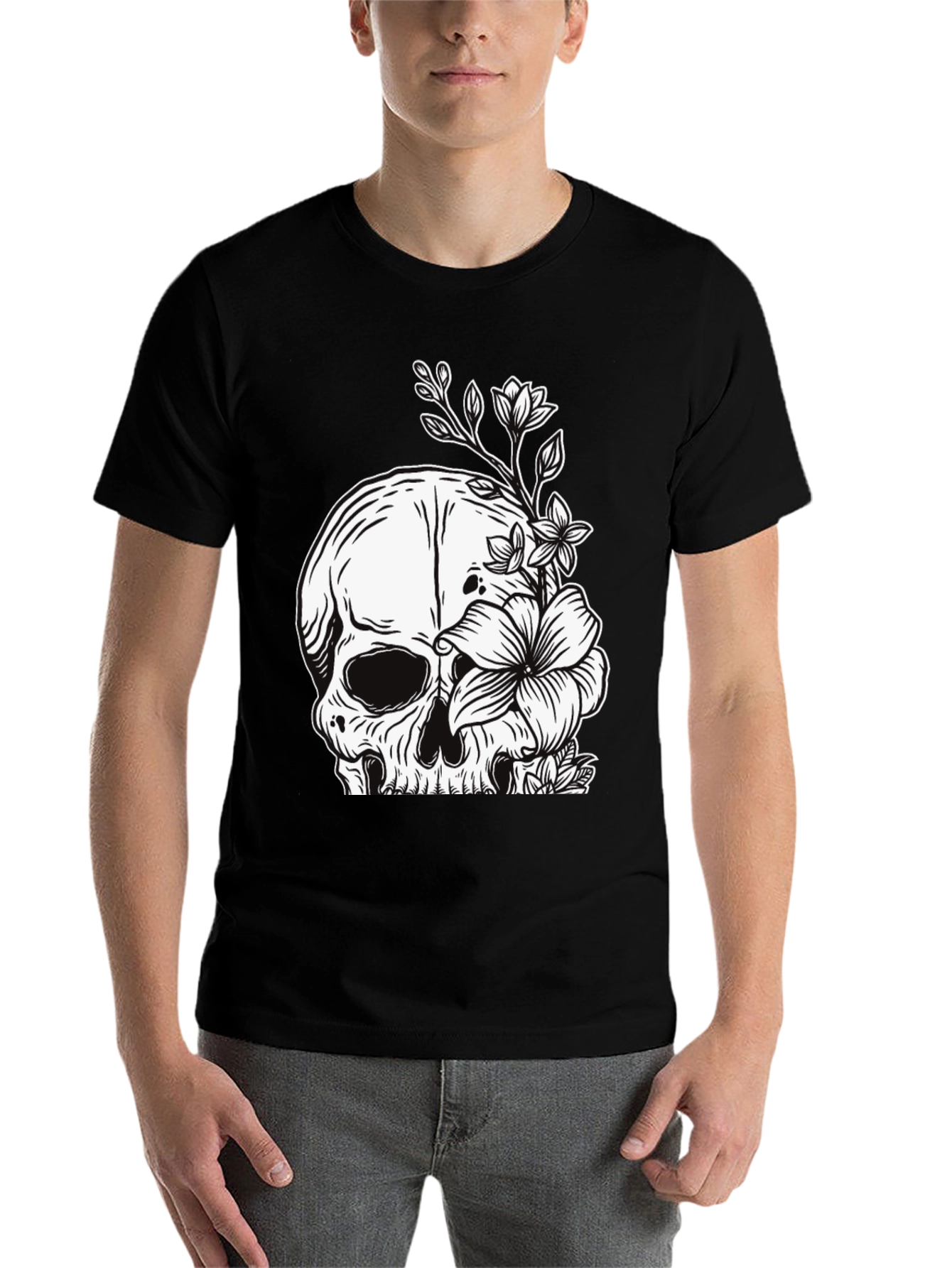 Black Skull and Flowers Graphic Black T-Shirt view 7
