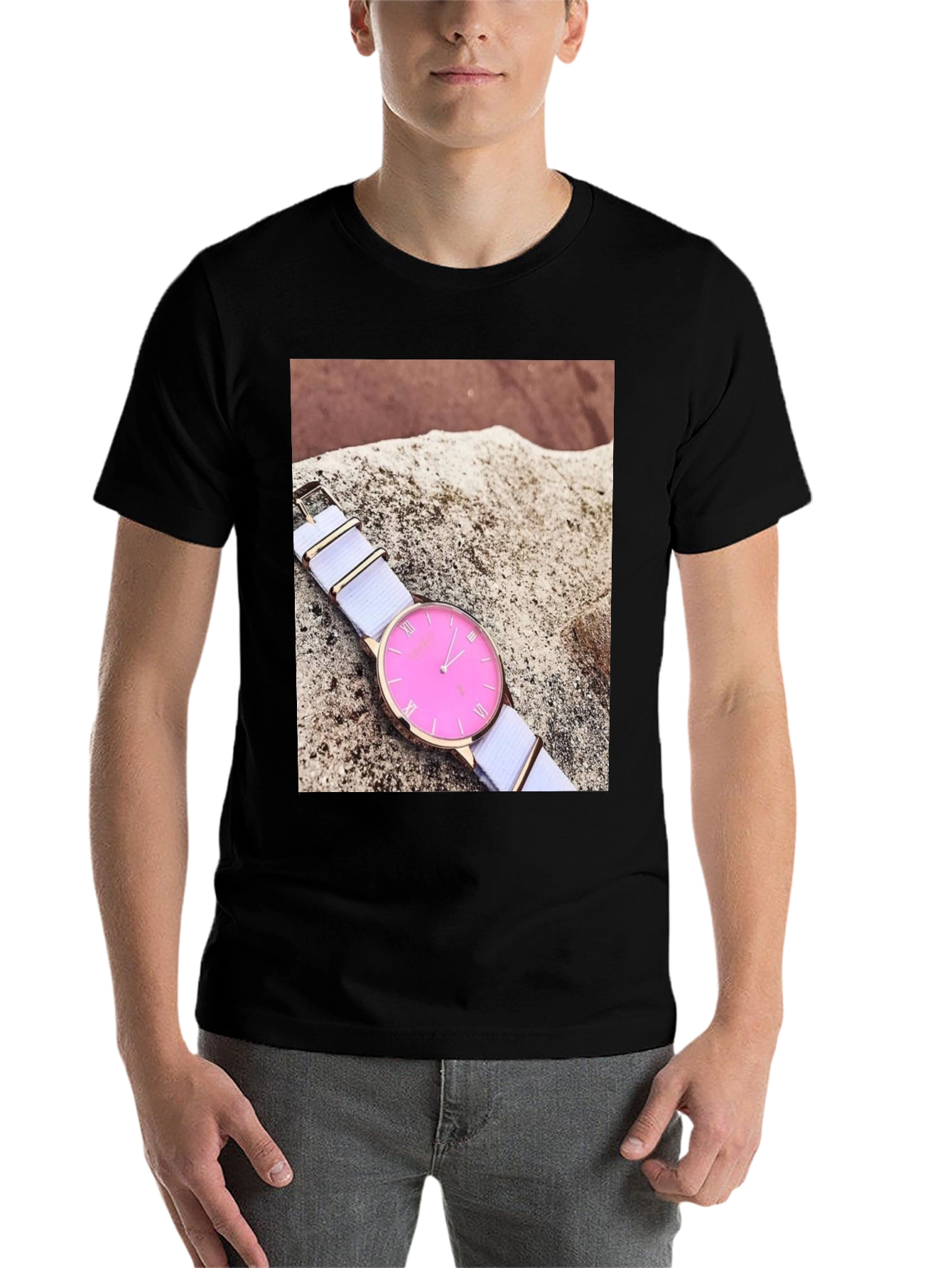 Black Stylish Pink Watch Tee - Modern Timepiece Design view 7