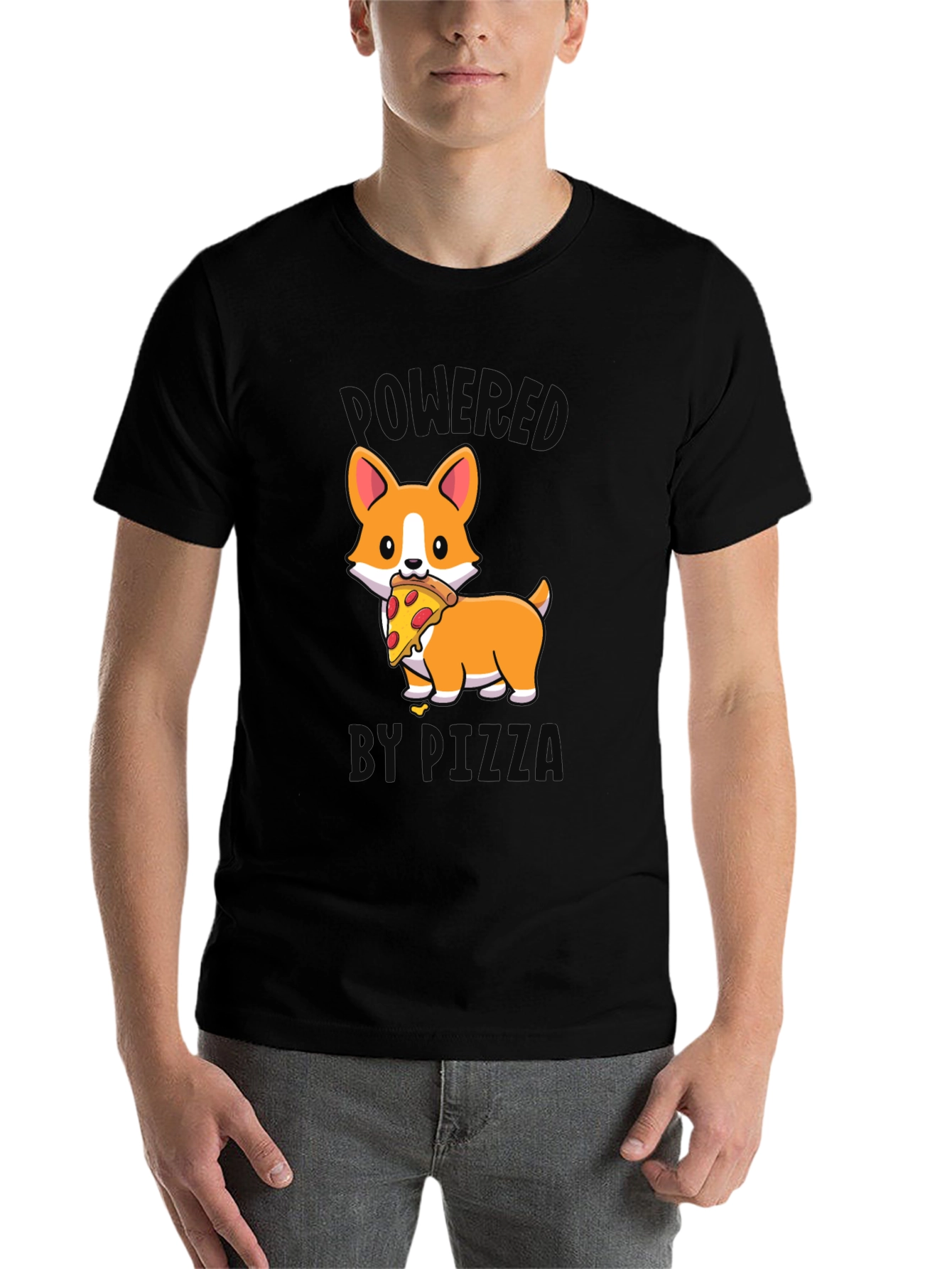 Black Corgi Pizza T-Shirt - Powered by Pizza view 7