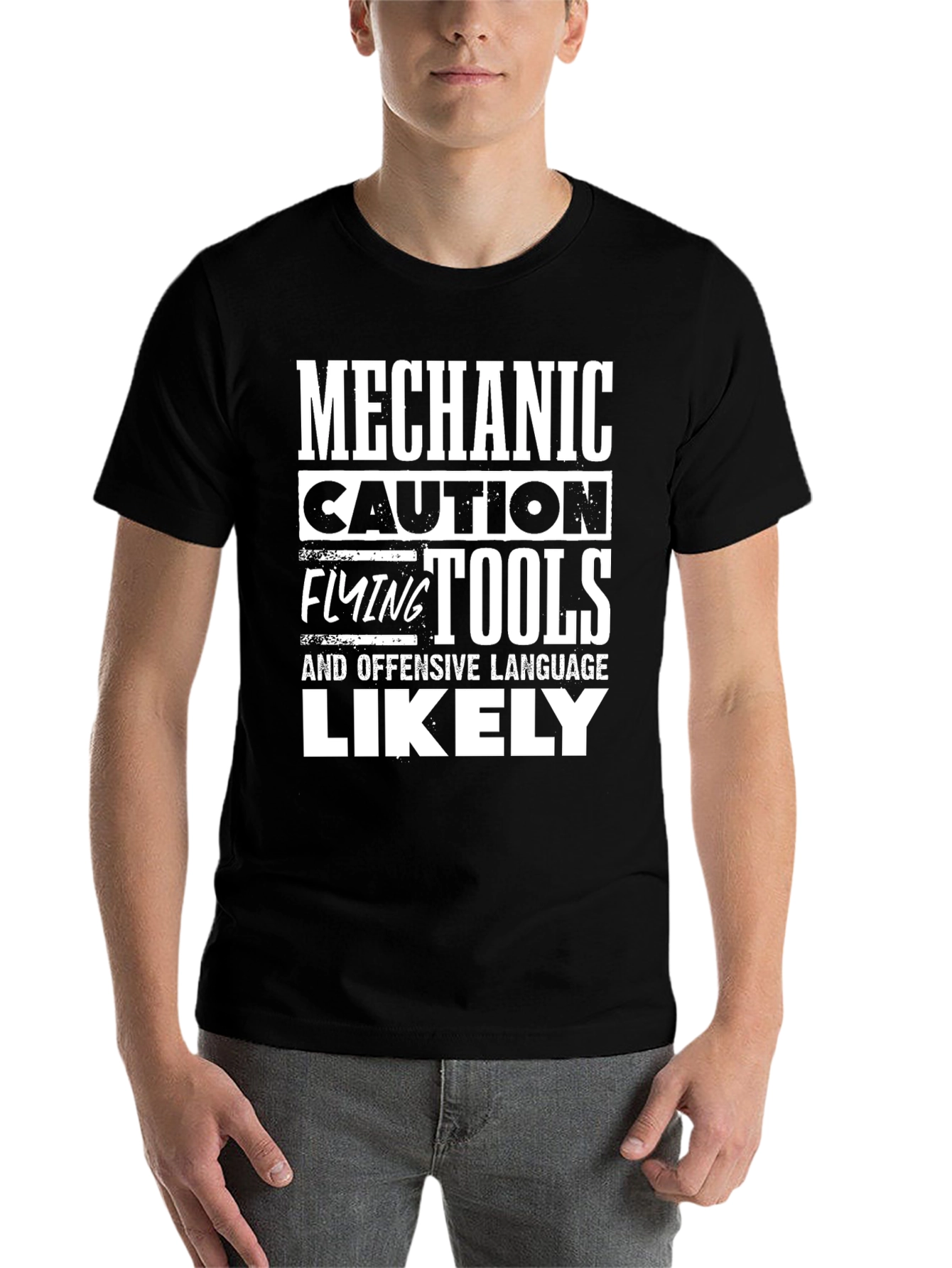 Black Mechanic Flying Tools Caution Novelty T-Shirt view 7