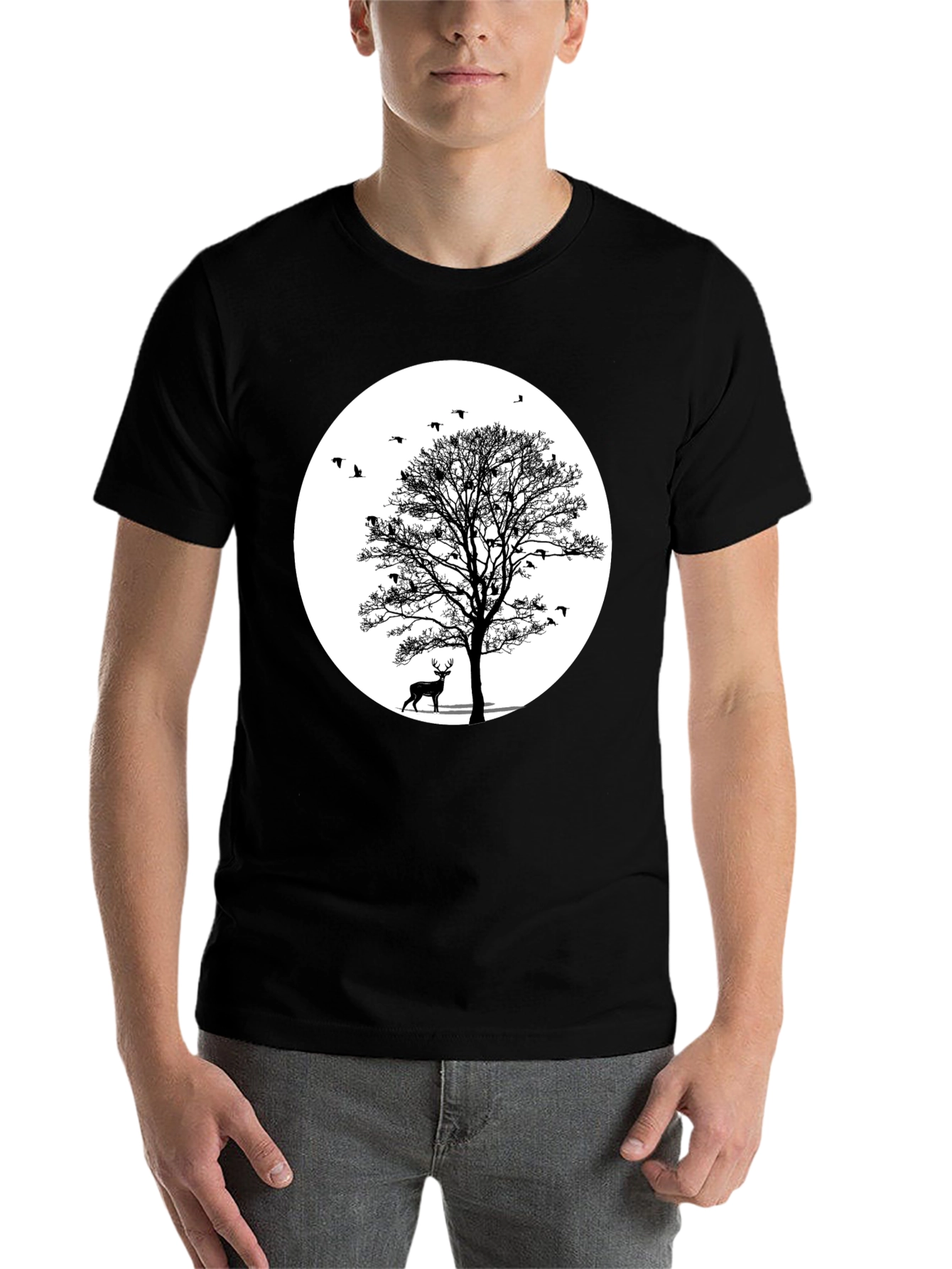 Black Nature Scene Graphic Tee - Deer and Birds view 7