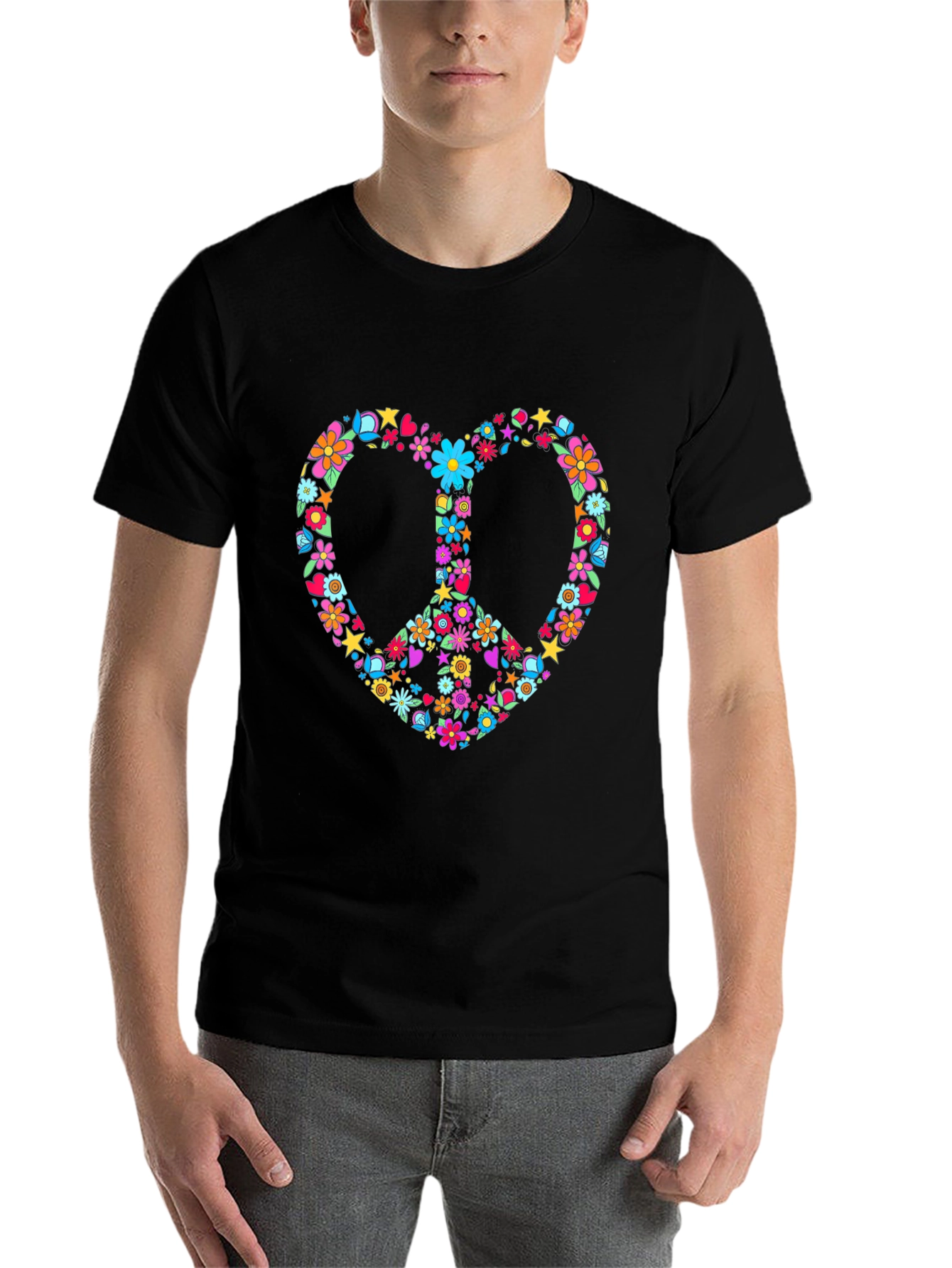Black Floral Peace Sign Heart T-Shirt view 7