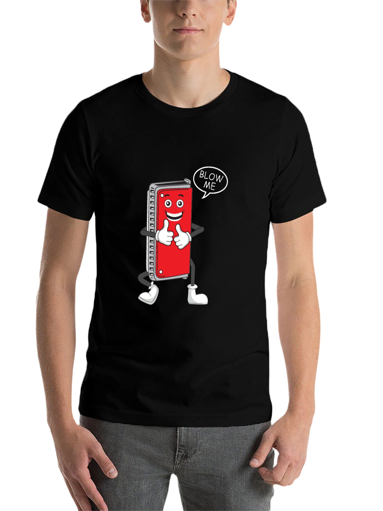Black Harmonica Cartoon Graphic T-Shirt - Blow Me! view 7