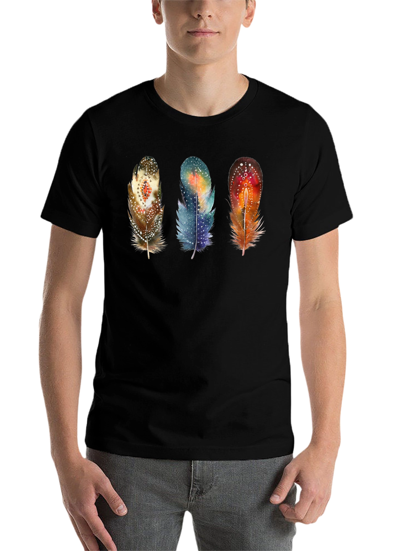 Black Feather Trio Graphic T-Shirt - Unique Artistic Design view 7