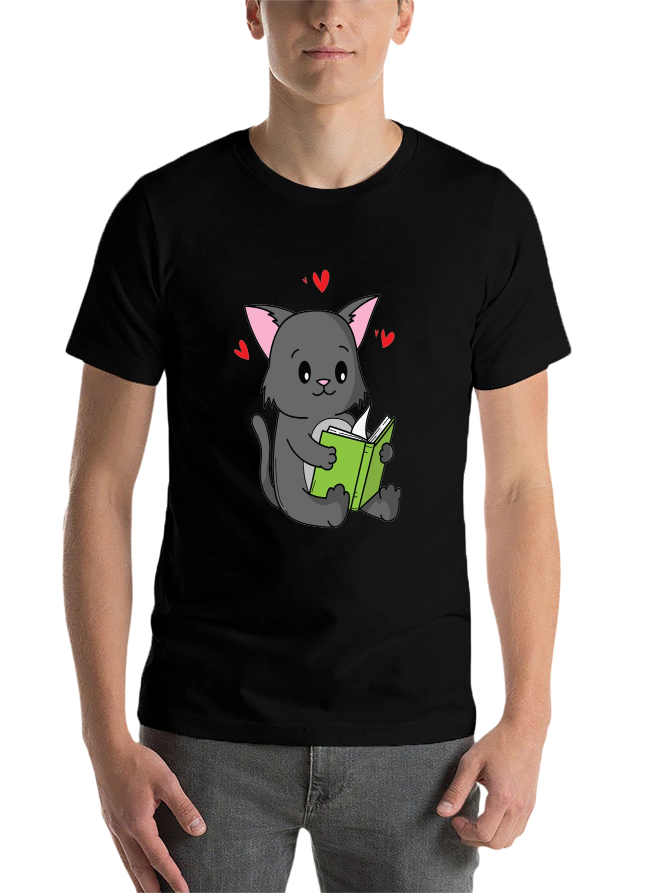 Black Cute Cat Reading Book T-Shirt - Unisex view 7