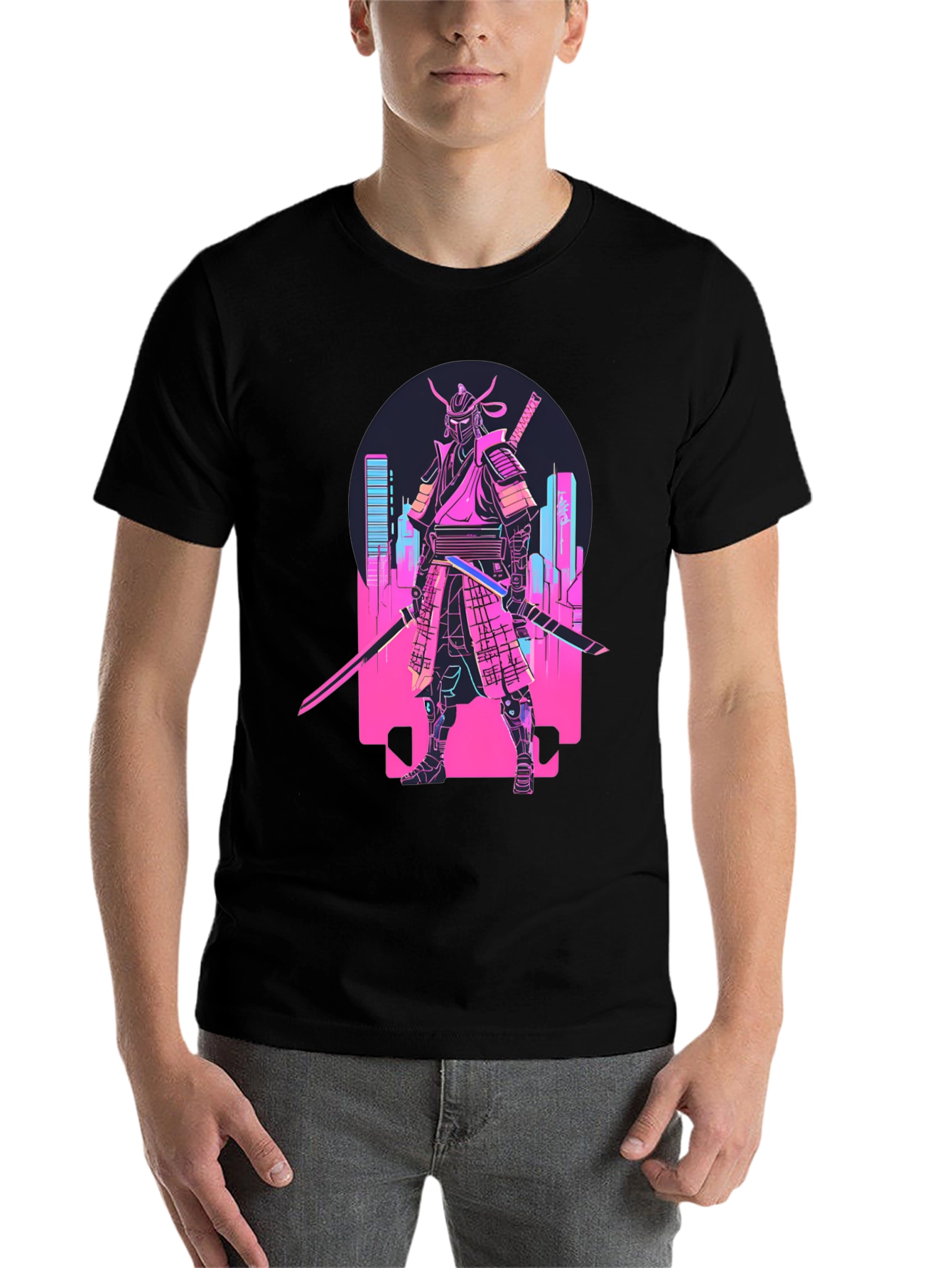 Black Cyberpunk Samurai T-Shirt - Neon City Warrior view 7