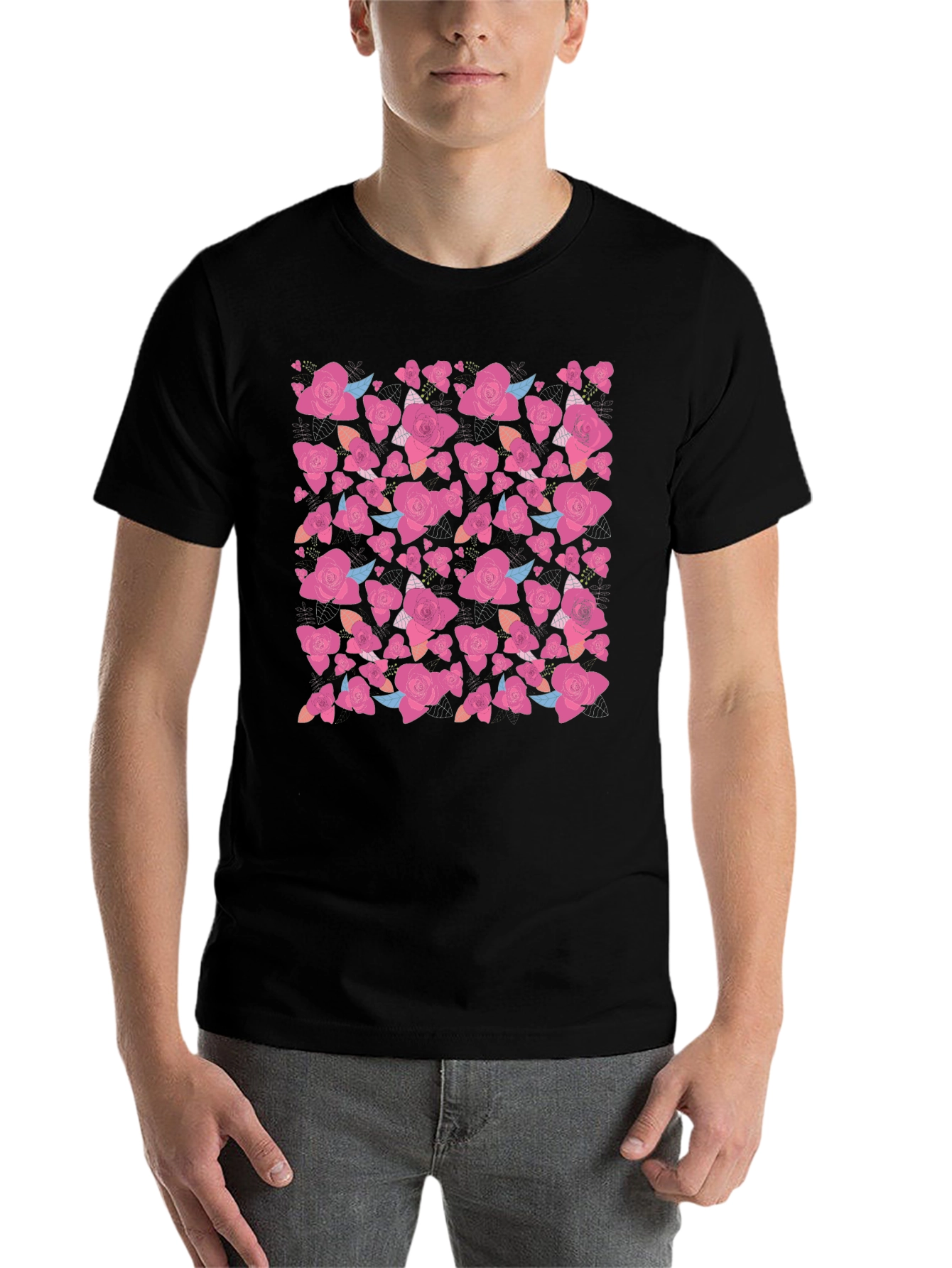 Black Floral Rose Print Black T-Shirt view 7