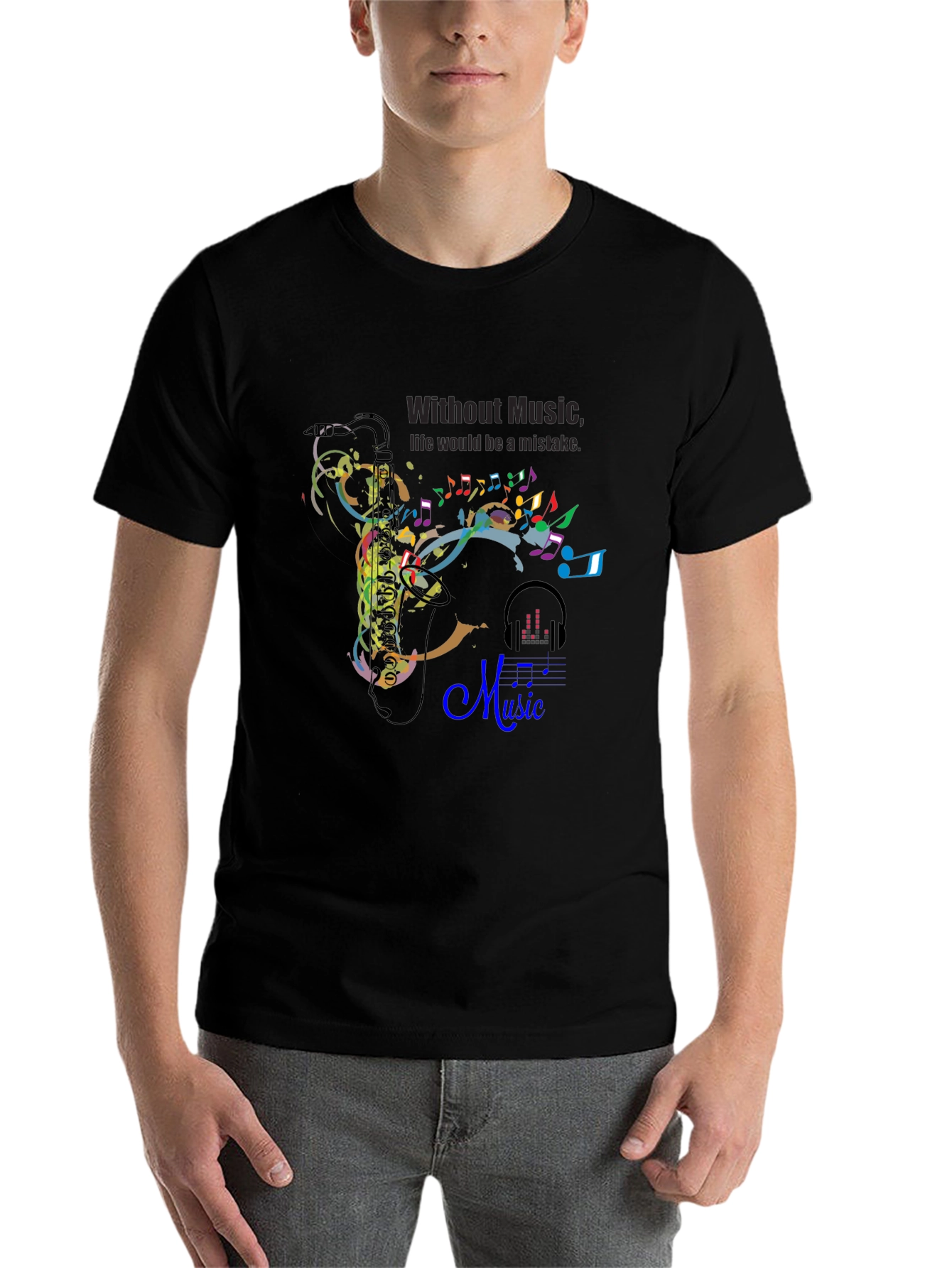 Black Music Lover's Tee: Saxophone & Notes Graphic Black T-Shirt view 7