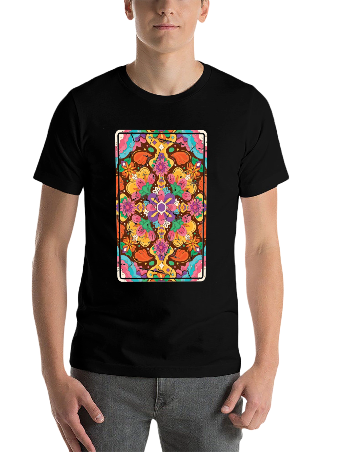 Black Floral Mandala Graphic Tee - Black Crew Neck T-Shirt view 7