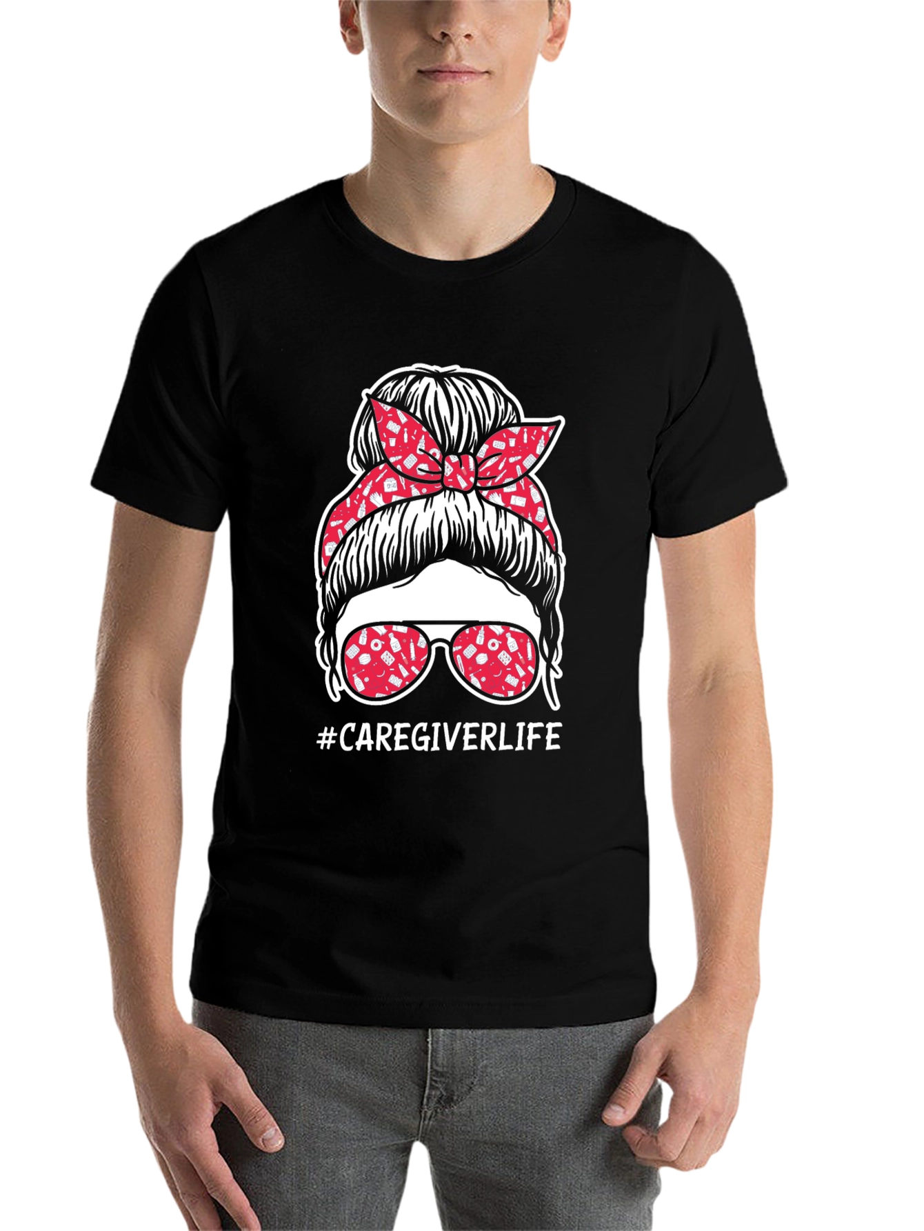 Black Caregiver Life Messy Bun T-Shirt view 7
