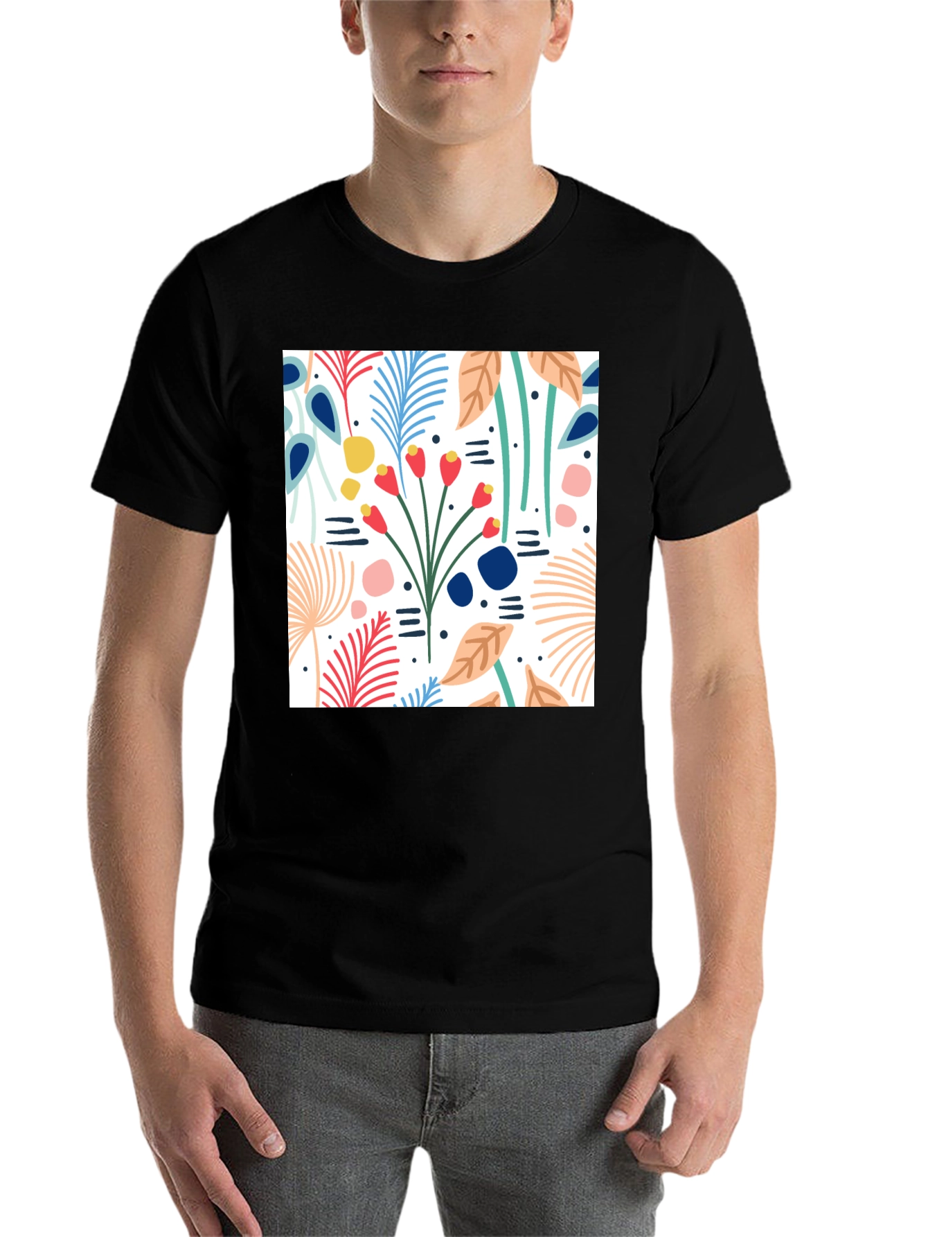 Black Floral Pattern Black T-Shirt view 7