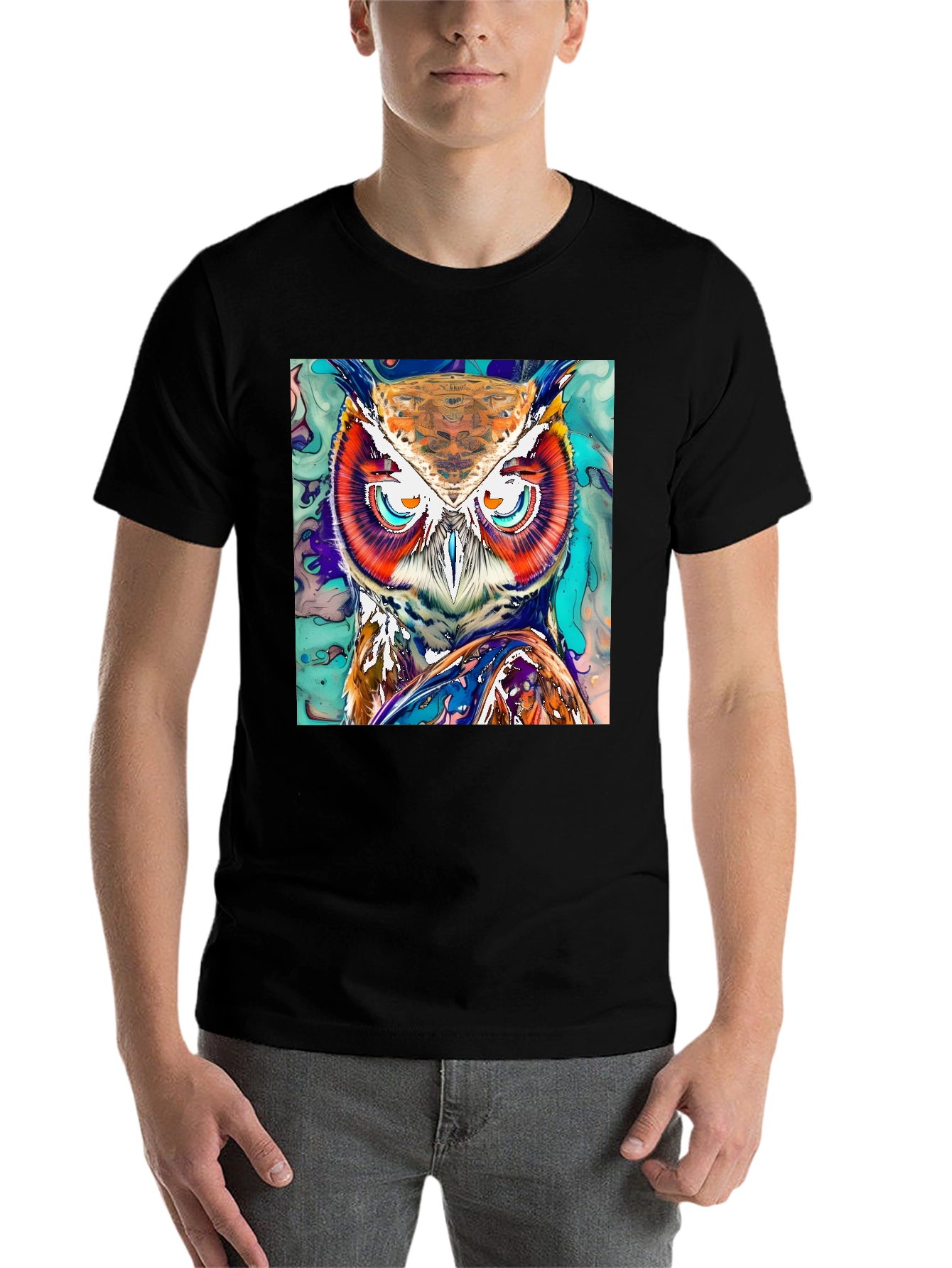 Black Artistic Owl Graphic Print T-Shirt view 7