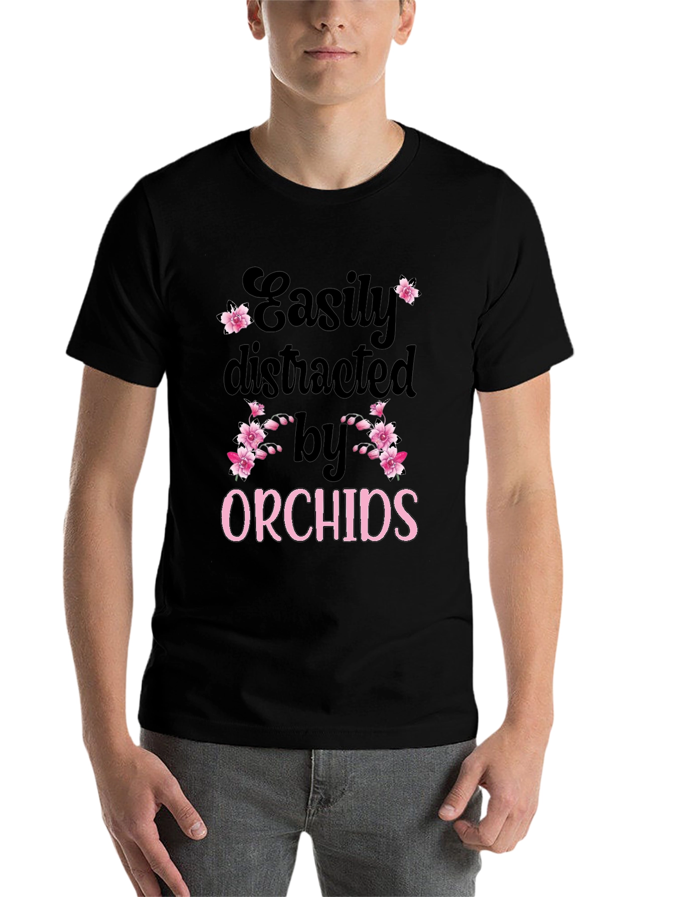 Black Easily Distracted by Orchids T-Shirt view 7