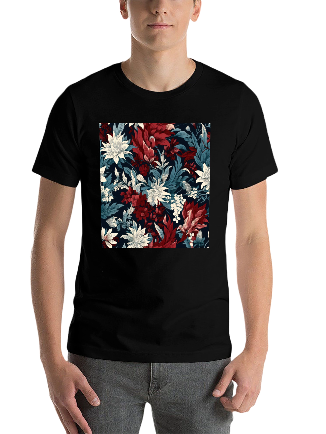 Black Floral Pattern Black T-Shirt - Modern Style view 7