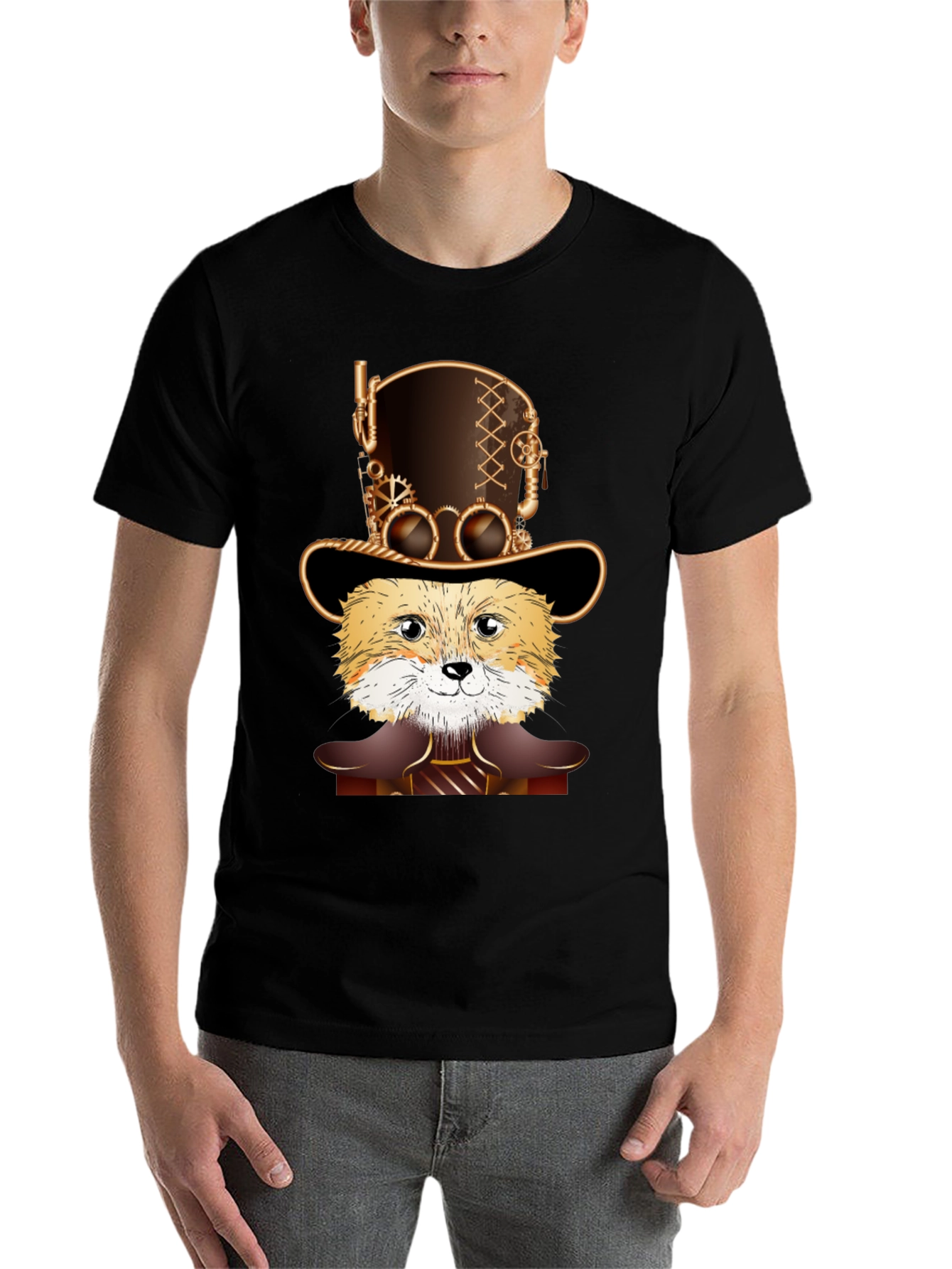 Black Steampunk Fox T-Shirt - Unique Design view 7