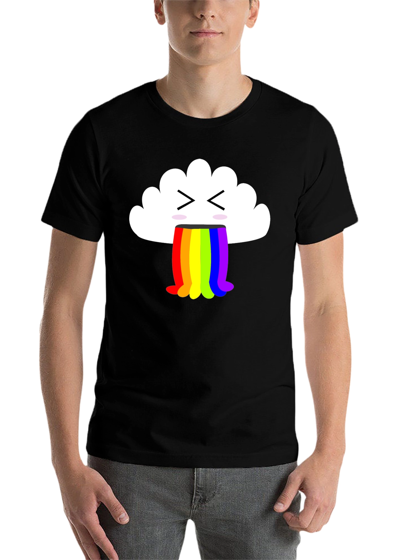 Black Funny Cloud Vomiting Rainbow T-Shirt - Black view 7