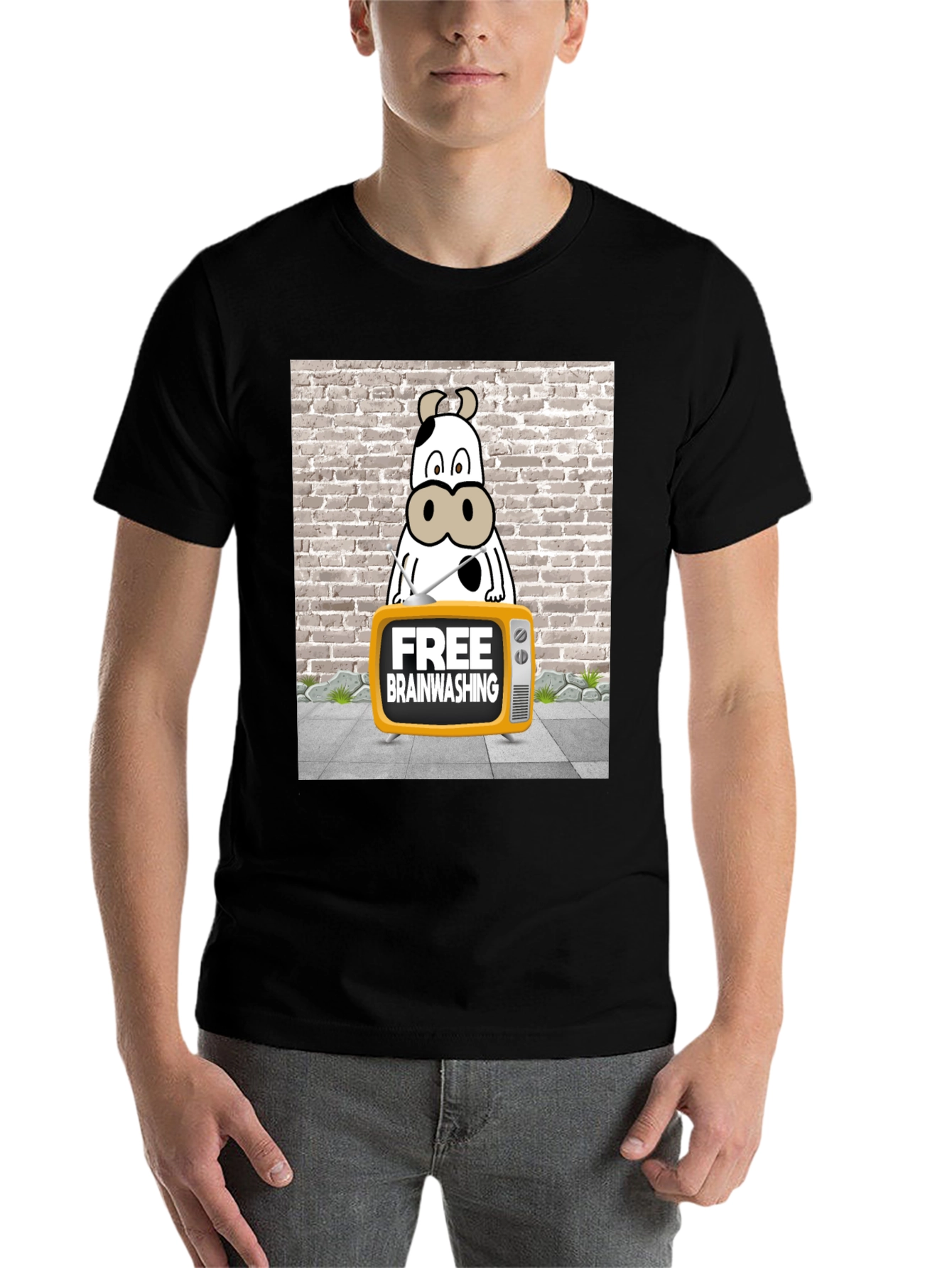 Black Brainwashing Cow T-Shirt: Funny Graphic Tee for Men view 7