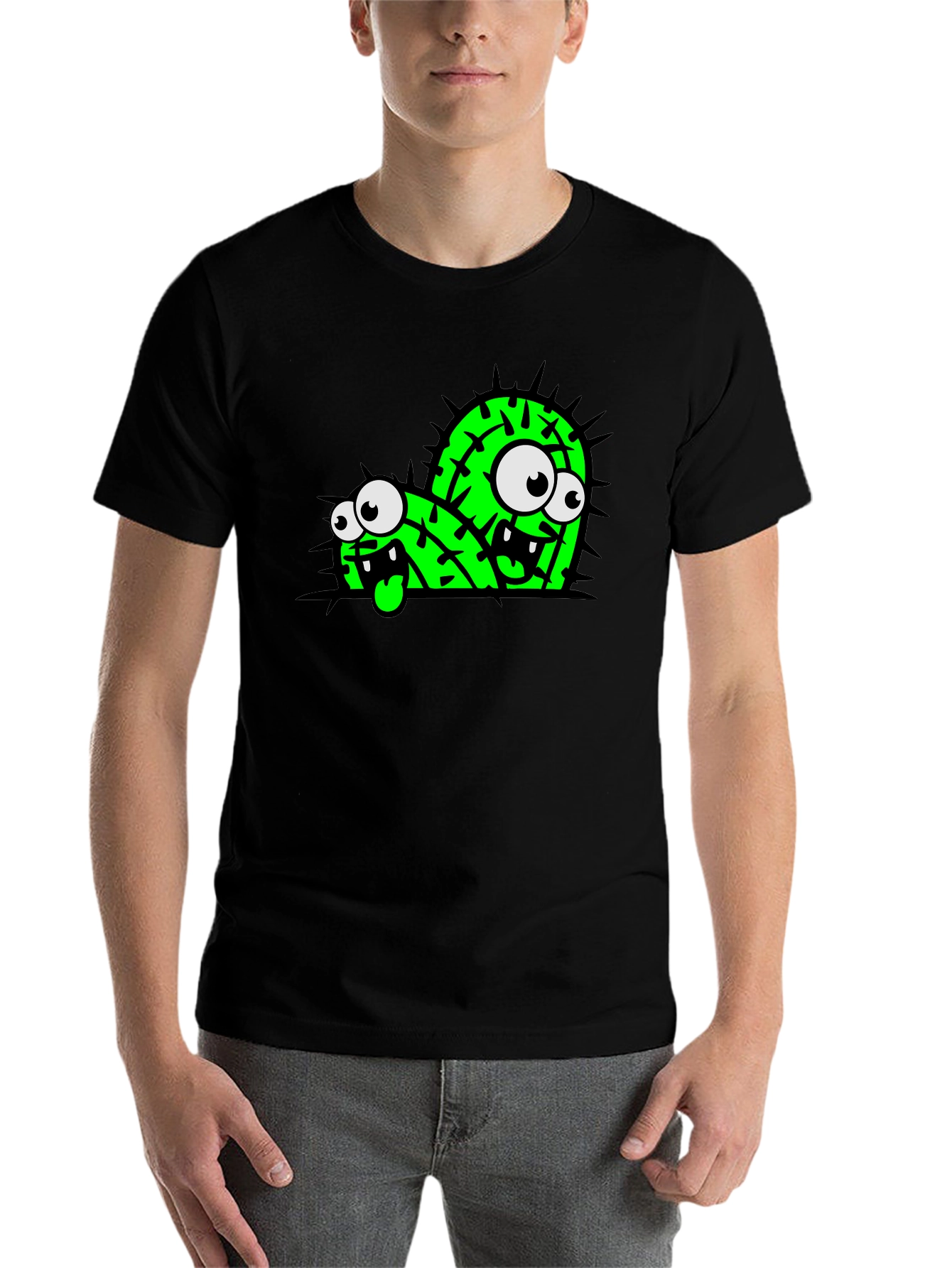 Black Funny Cartoon Cactus Graphic Black T-Shirt view 7