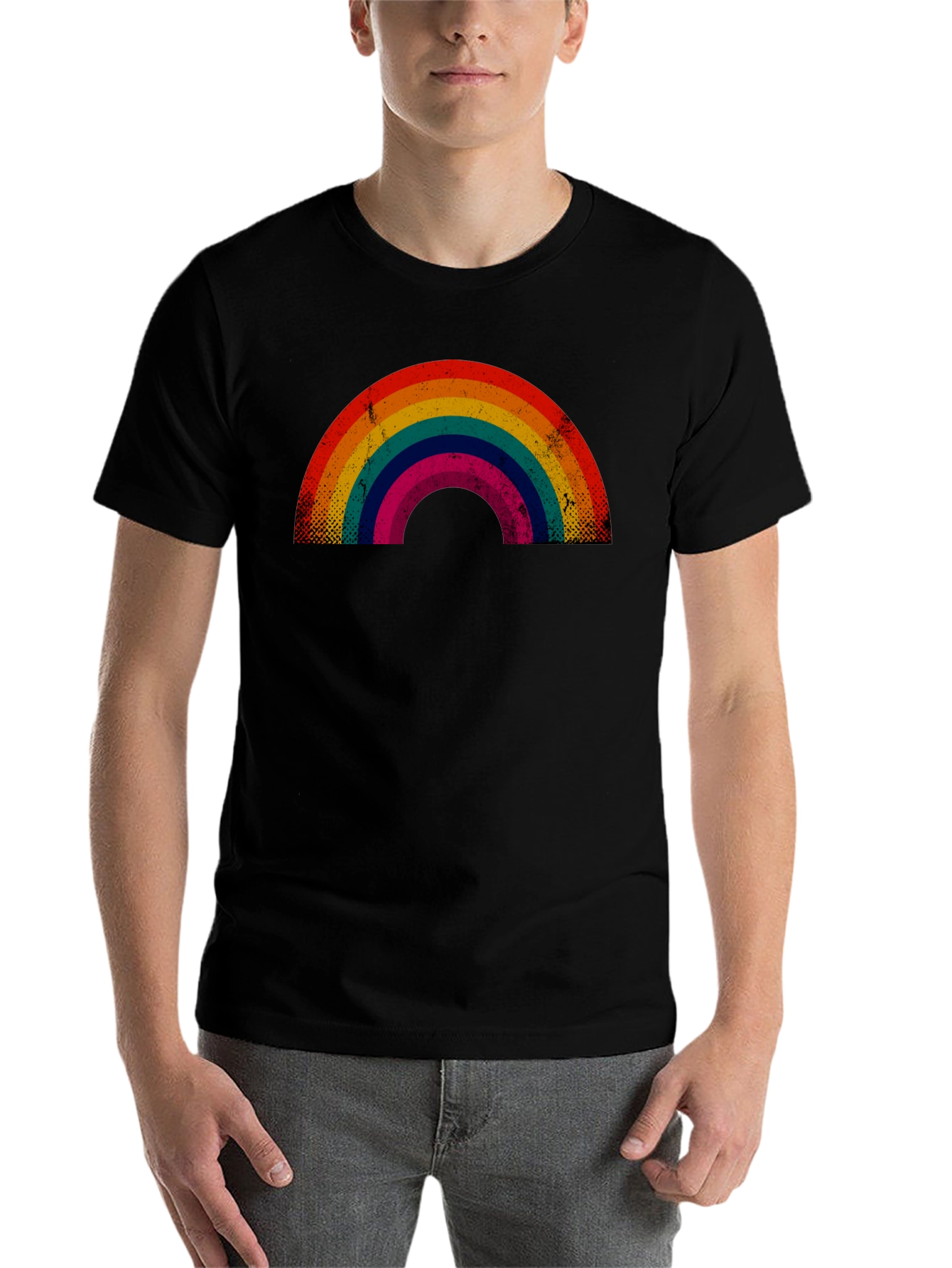 Black Retro Rainbow Graphic Tee - Black Cotton Blend view 7