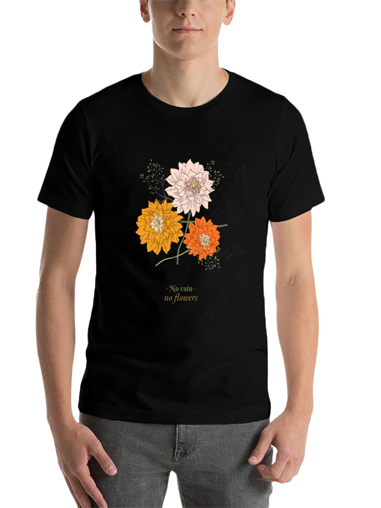 Black Floral Graphic Tee - "No Rain, No Flowers" Black T-Shirt view 7