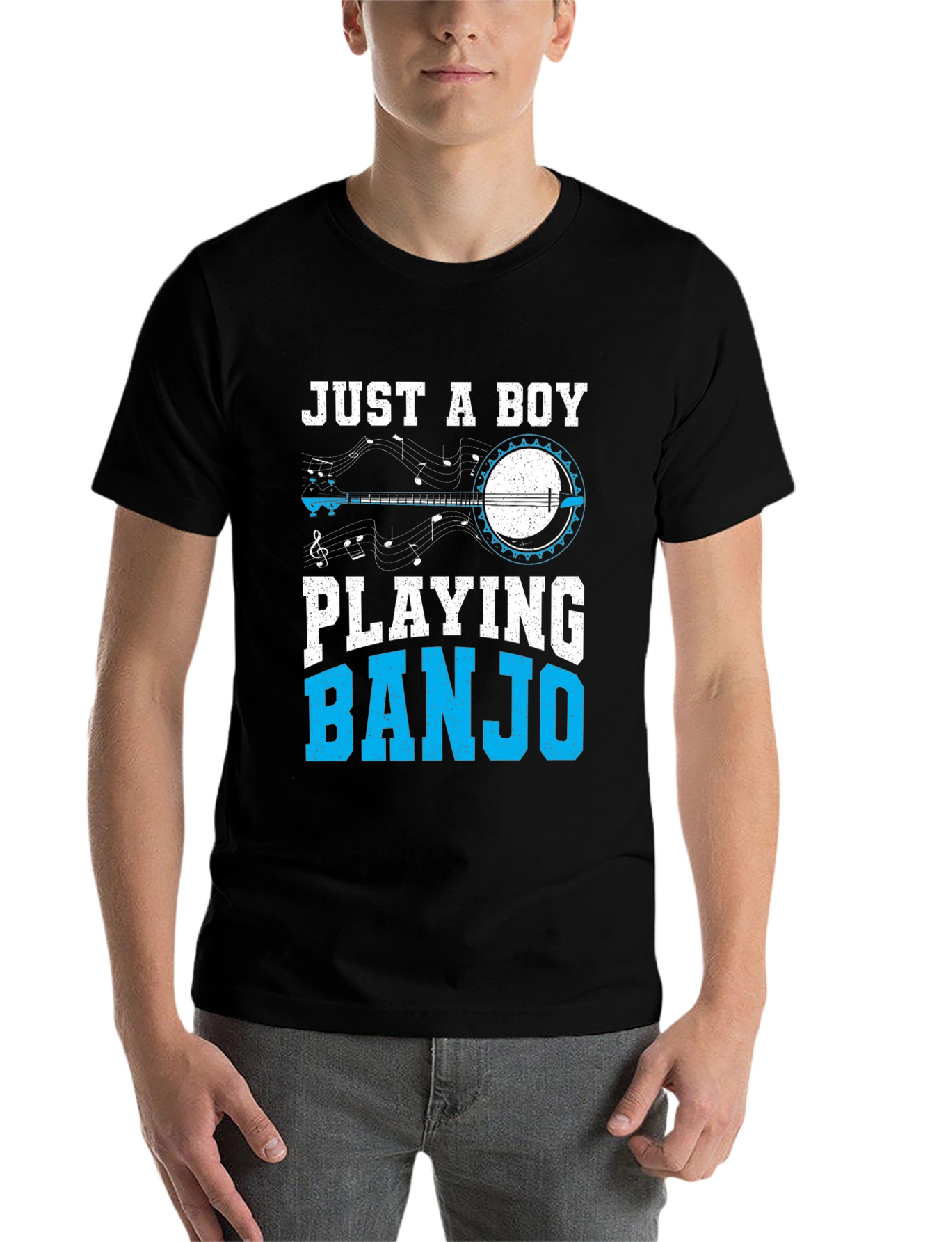 Black Just a Boy Playing Banjo T-Shirt view 7