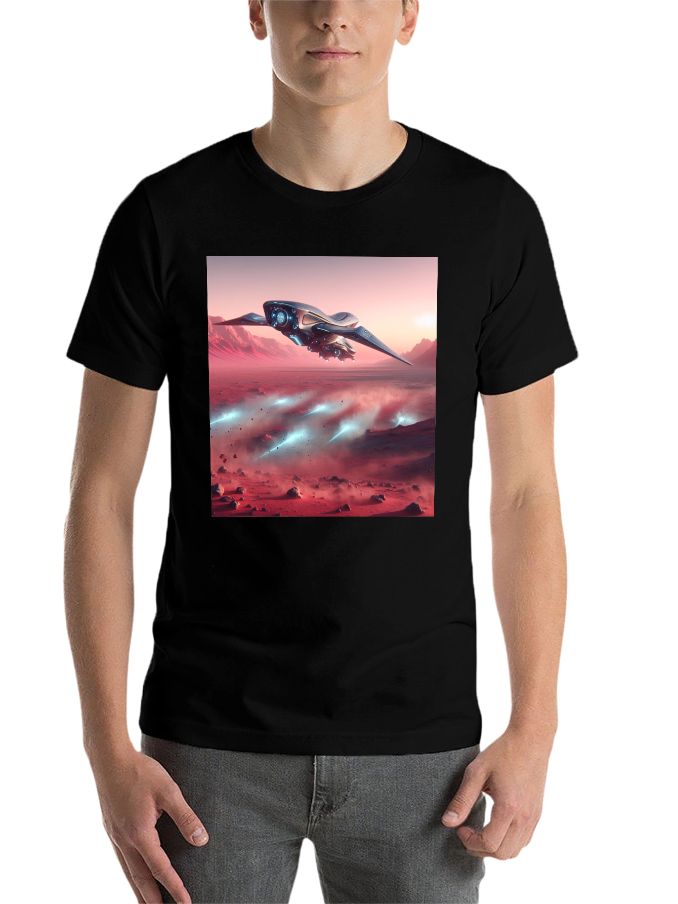 Black Sci-Fi Spaceship Graphic Tee - Black view 7