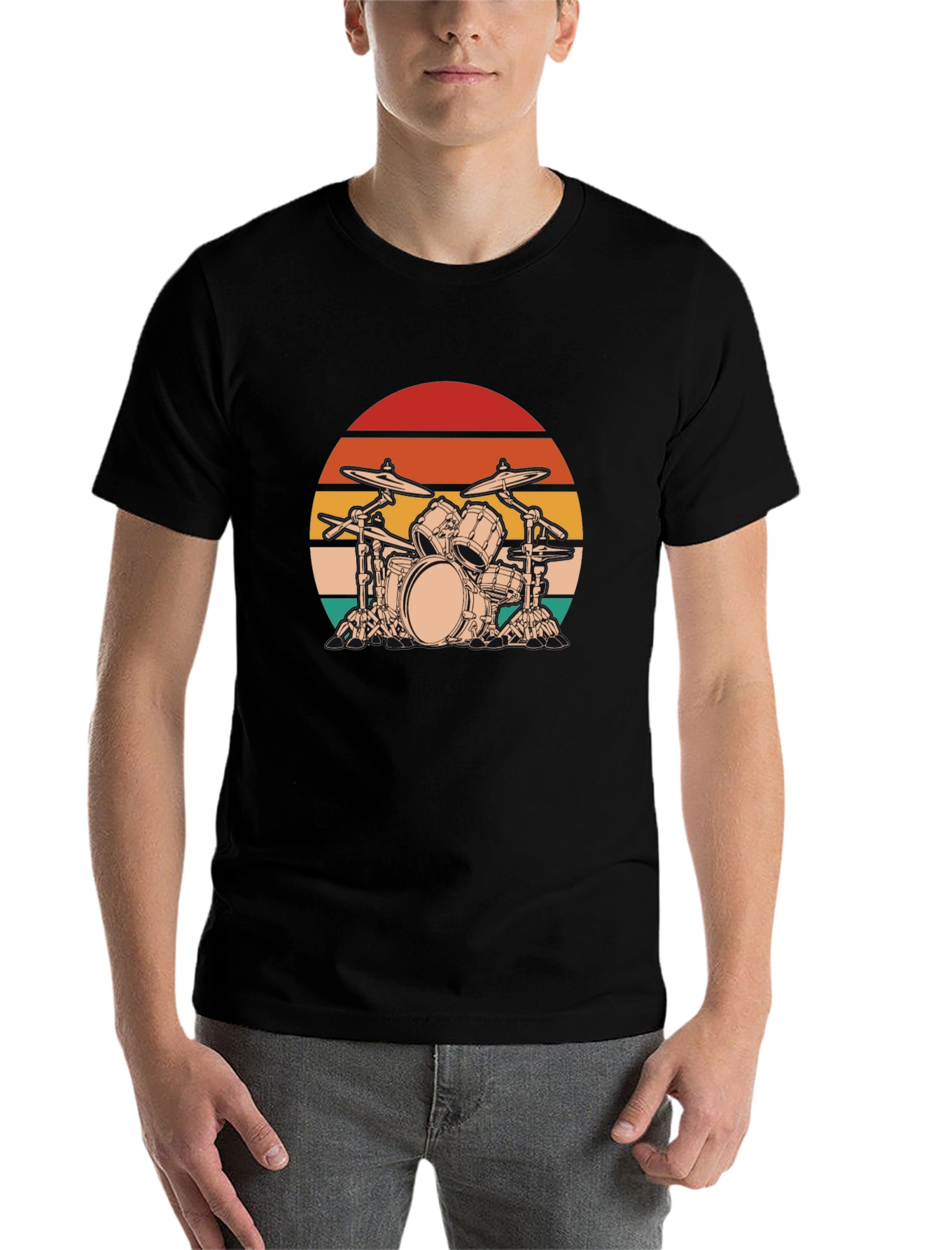 Black Retro Drum Set Graphic Tee - Black Cotton Blend view 7