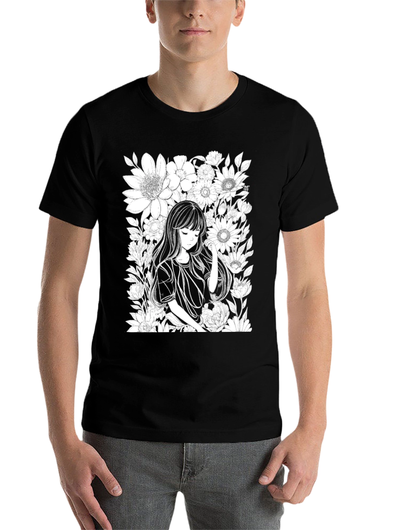 Black Anime Girl Floral T-Shirt - Black Cotton Tee view 7