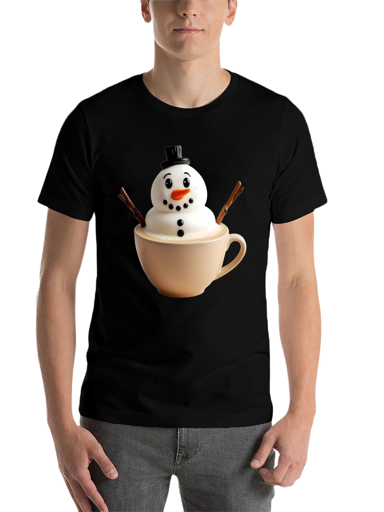 Black Whimsical Snowman Latte Art T-Shirt view 7