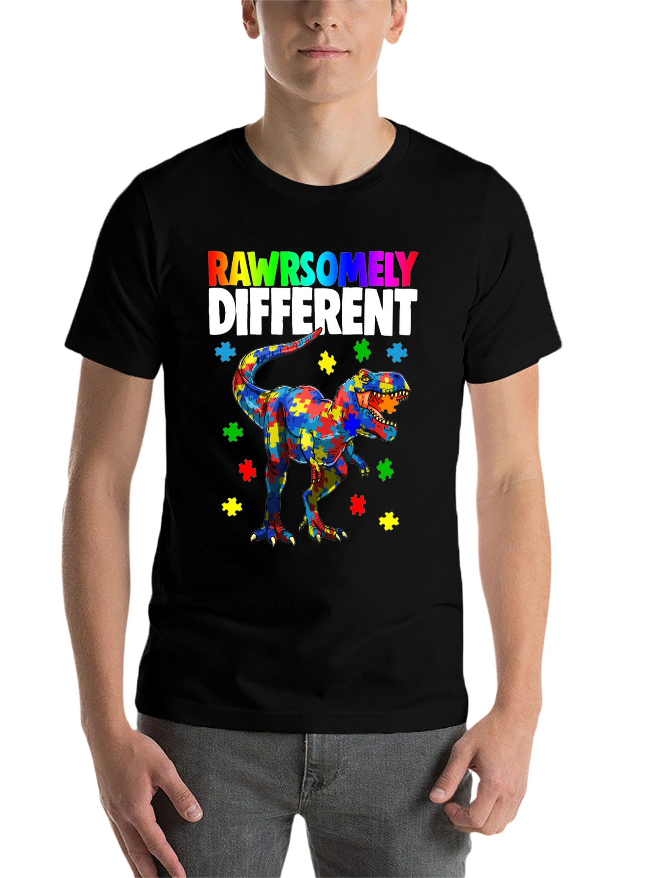 Black RAWRSOMELY DIFFERENT Autism Dinosaur T-Shirt view 7