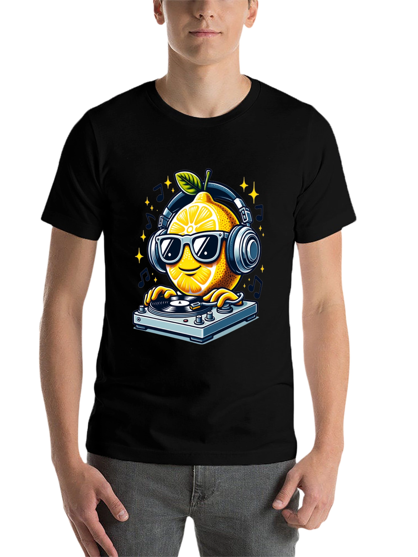 Black DJ Lemon Graphic T-Shirt - Funky Turntable Design view 7
