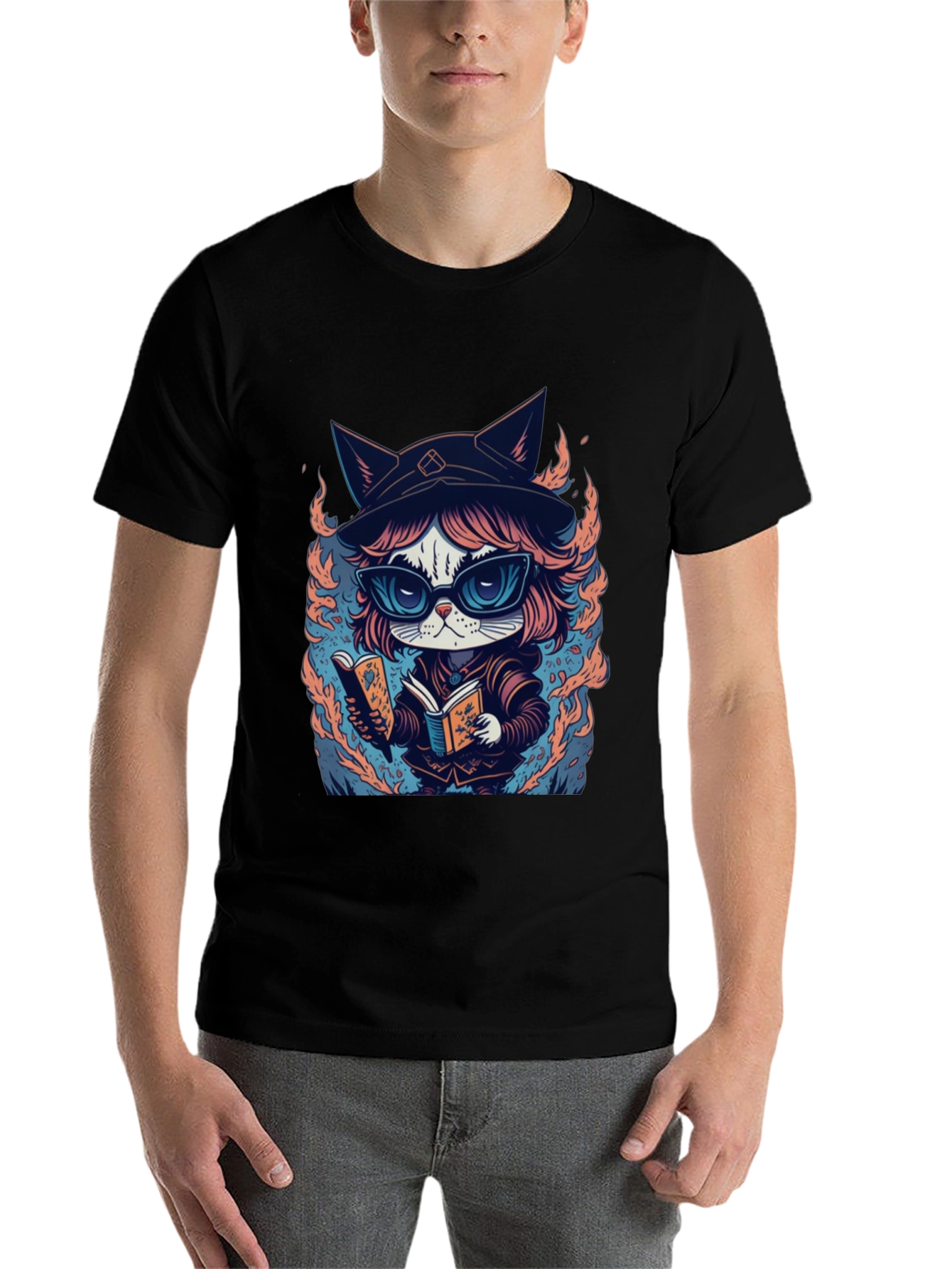 Black Wizard Cat T-Shirt - Bookish Feline Design view 7