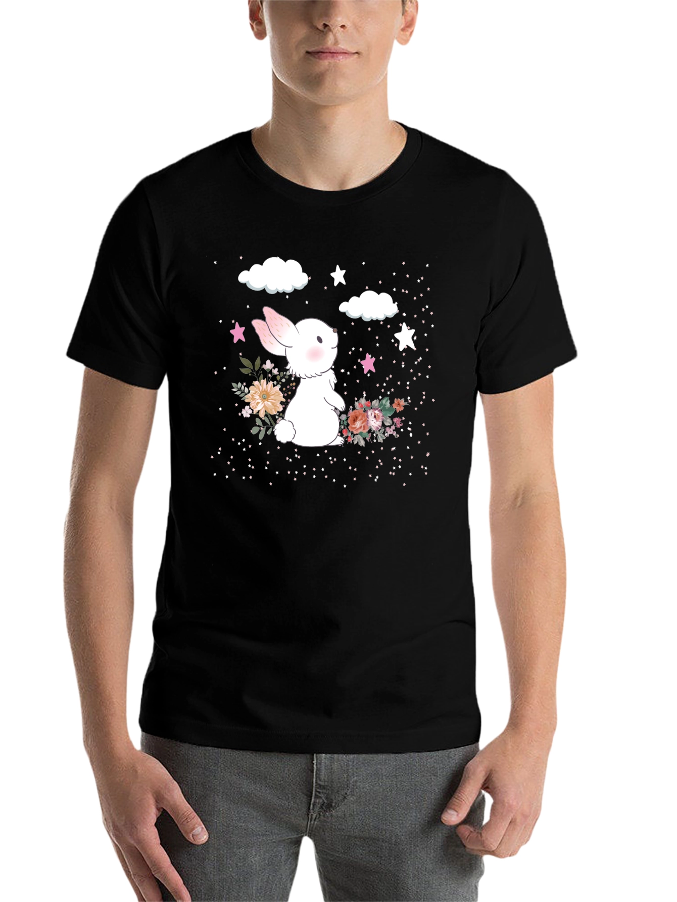 Black Cute Bunny Floral Graphic T-Shirt view 7