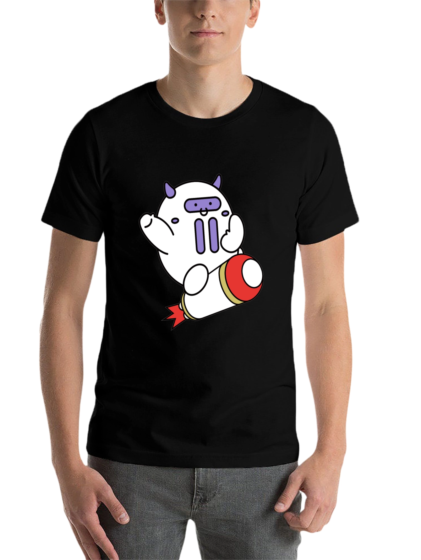 Black Cute Cartoon Rocket T-Shirt view 7